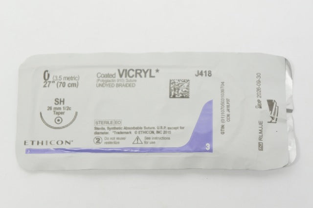 Ethicon J418 0 Coated VICRYL PolyglactinStre SH 26mm 1/2c Taper, 27inch