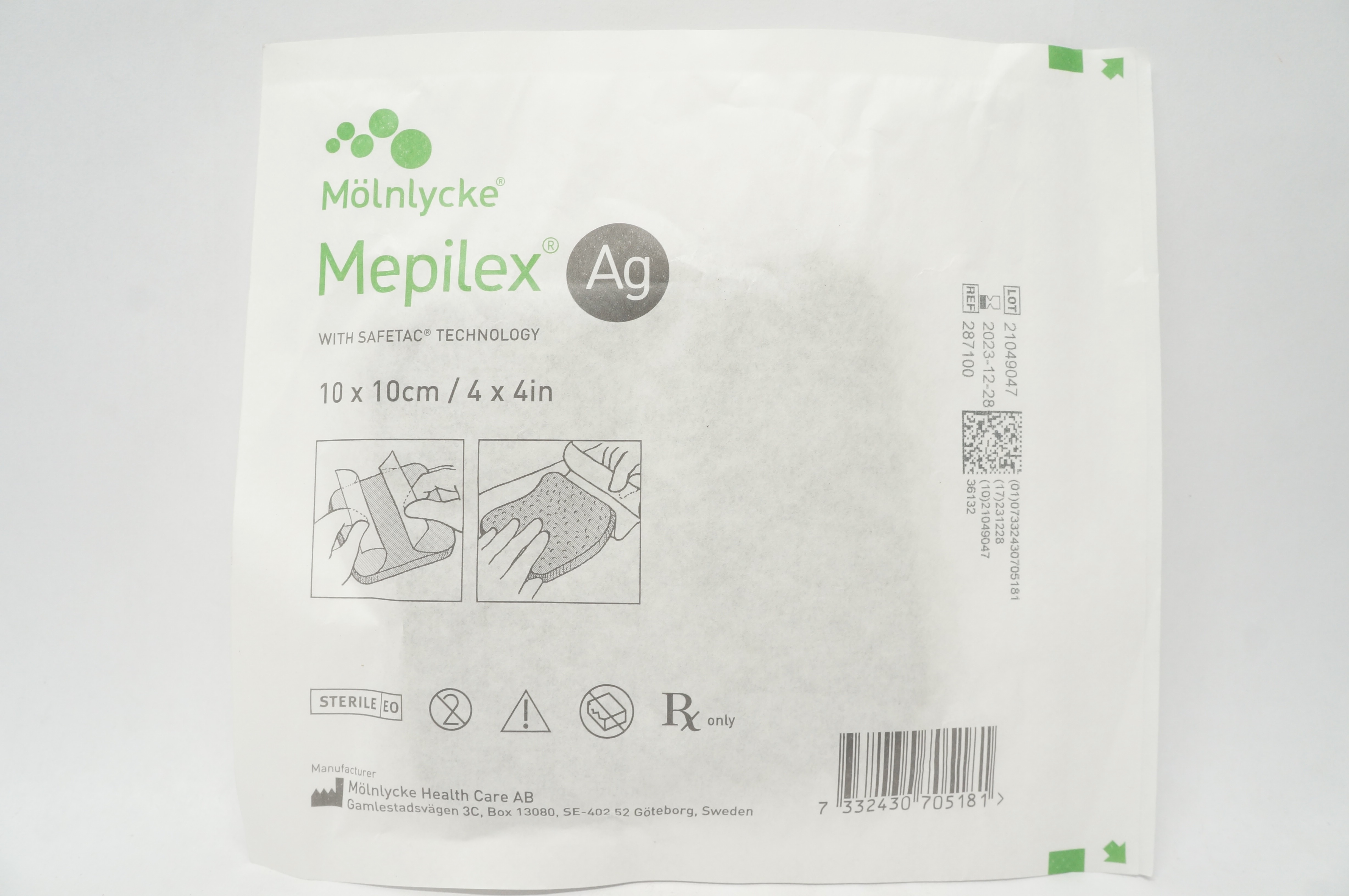Molnlycke Healthcare 287100 Mepilex Ag with Safetac Technology 4inch x 4inch