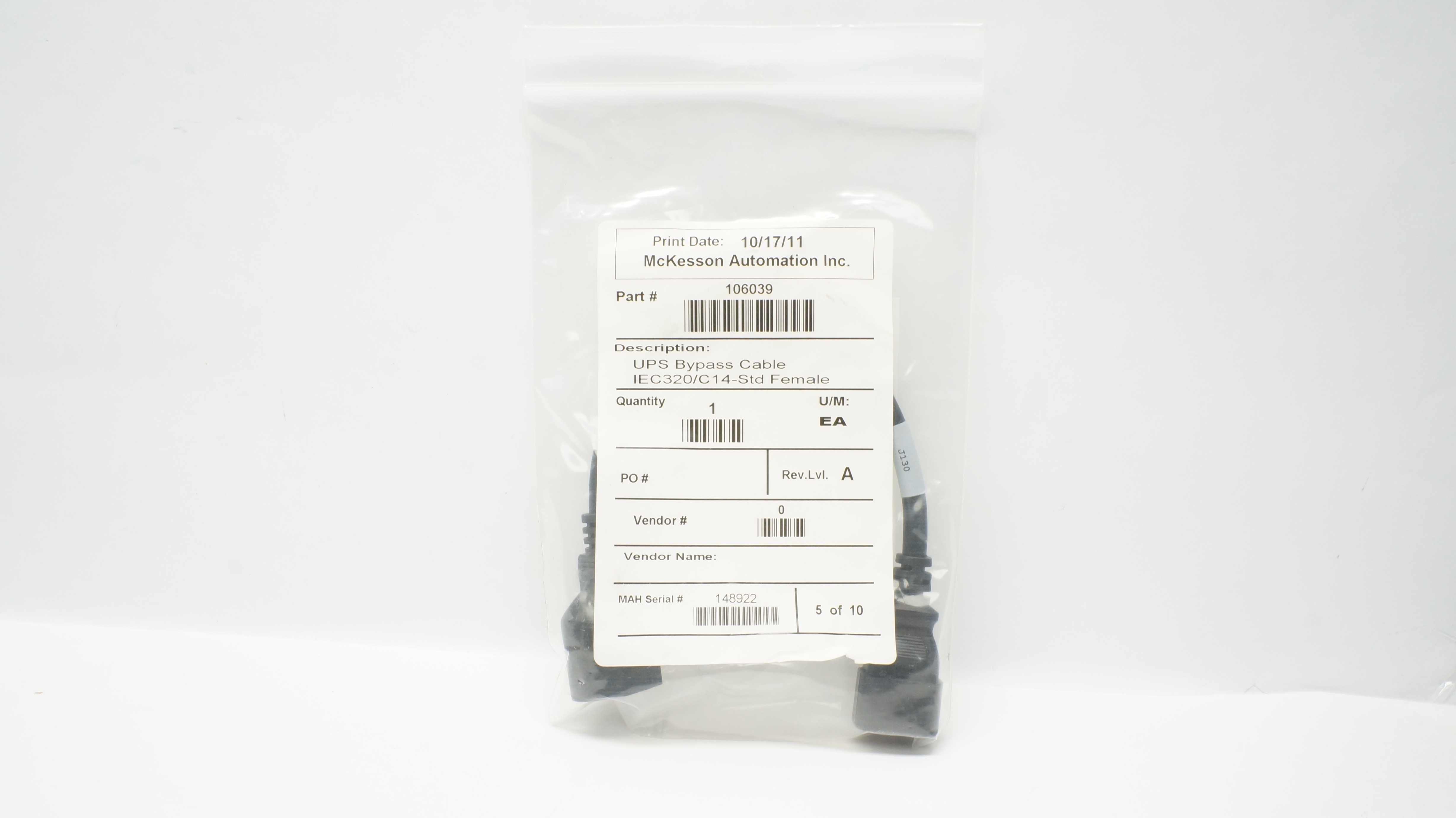 Mckesson Automation 106039 UPS Bypass Cable IEC320/C14-STD Female
