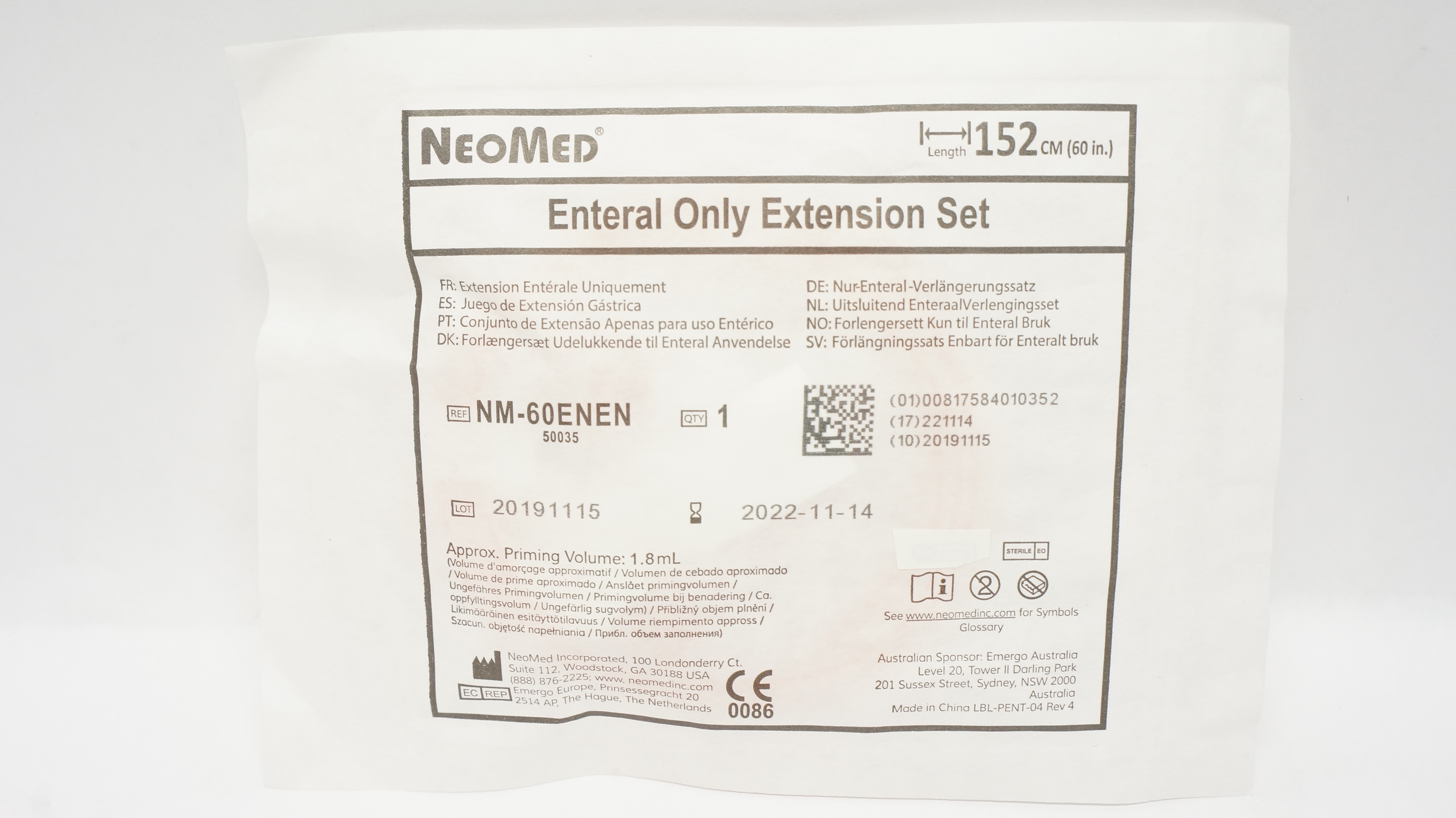 NeoMed NM-60ENEN Enteral Extension Set, Approx. Priming Volume 1.8mL, 60 inch