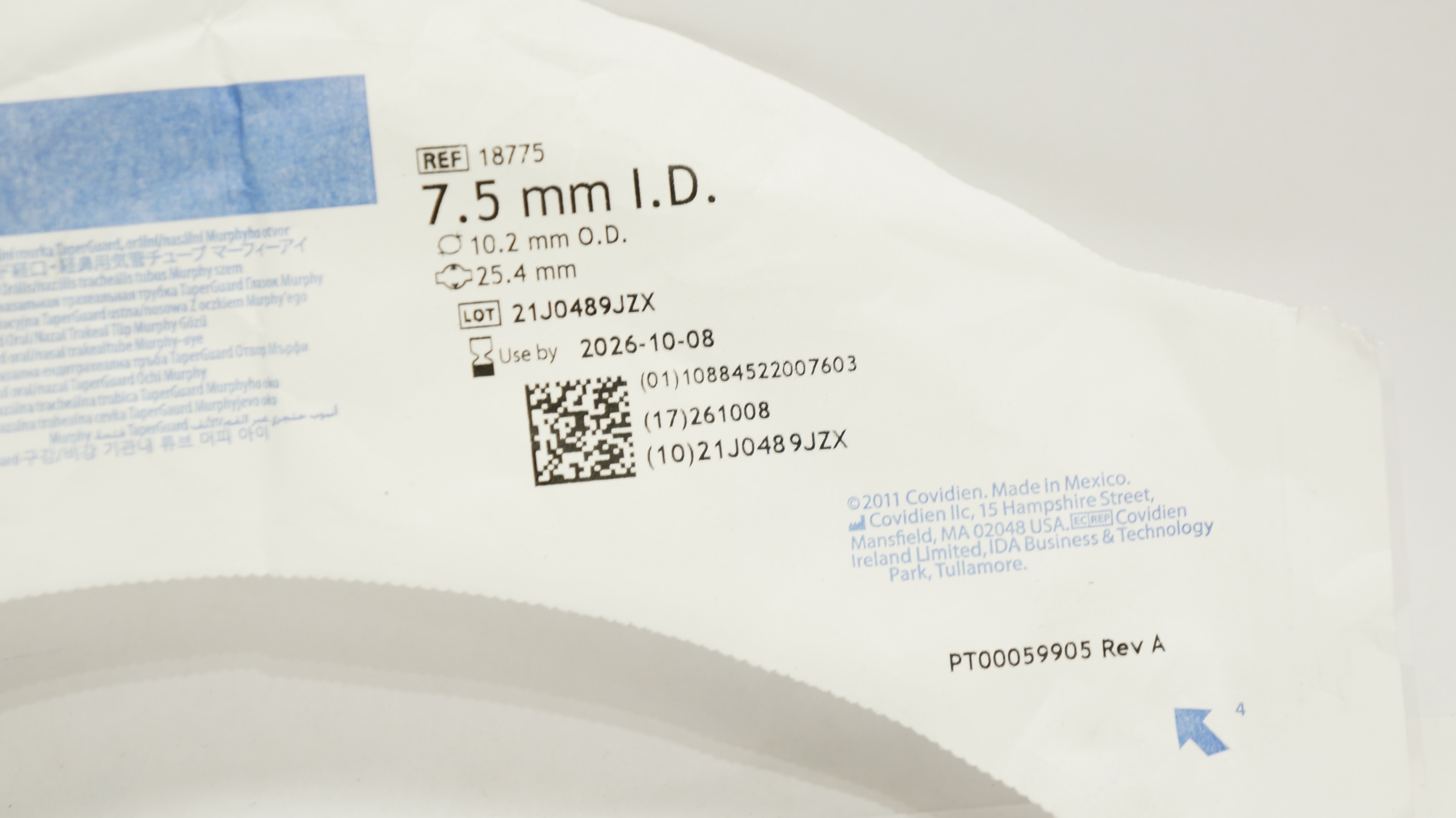 Covidien 18775 Shiley TaperGuard Oral/Nasal Tracheal Tube 7.5mm ID x 10.2mm OD