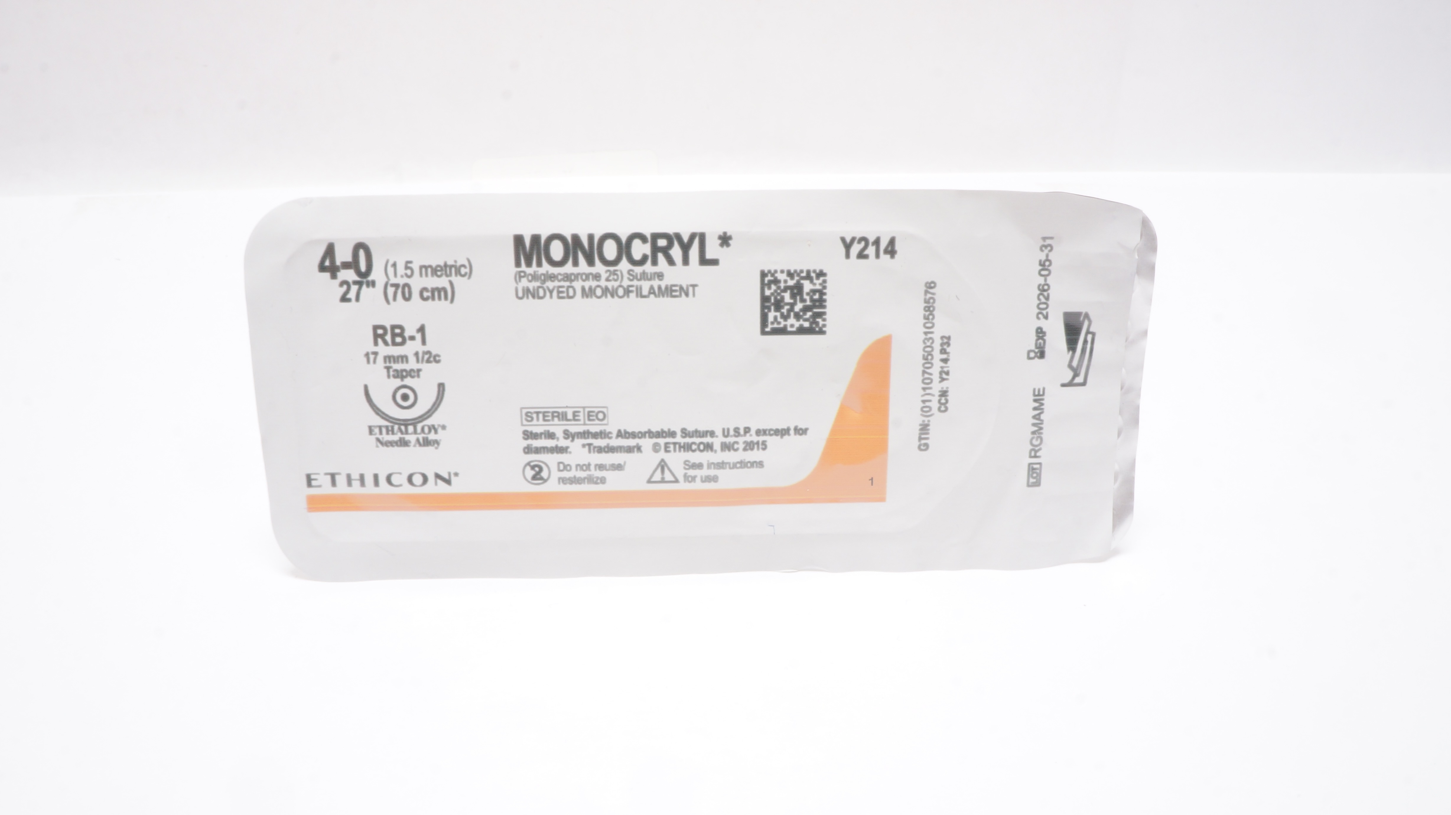 Ethicon Y214 4-0 MONOCRYL Undyed Monofilament PB-1 17mm 1/2c Taper 27inch