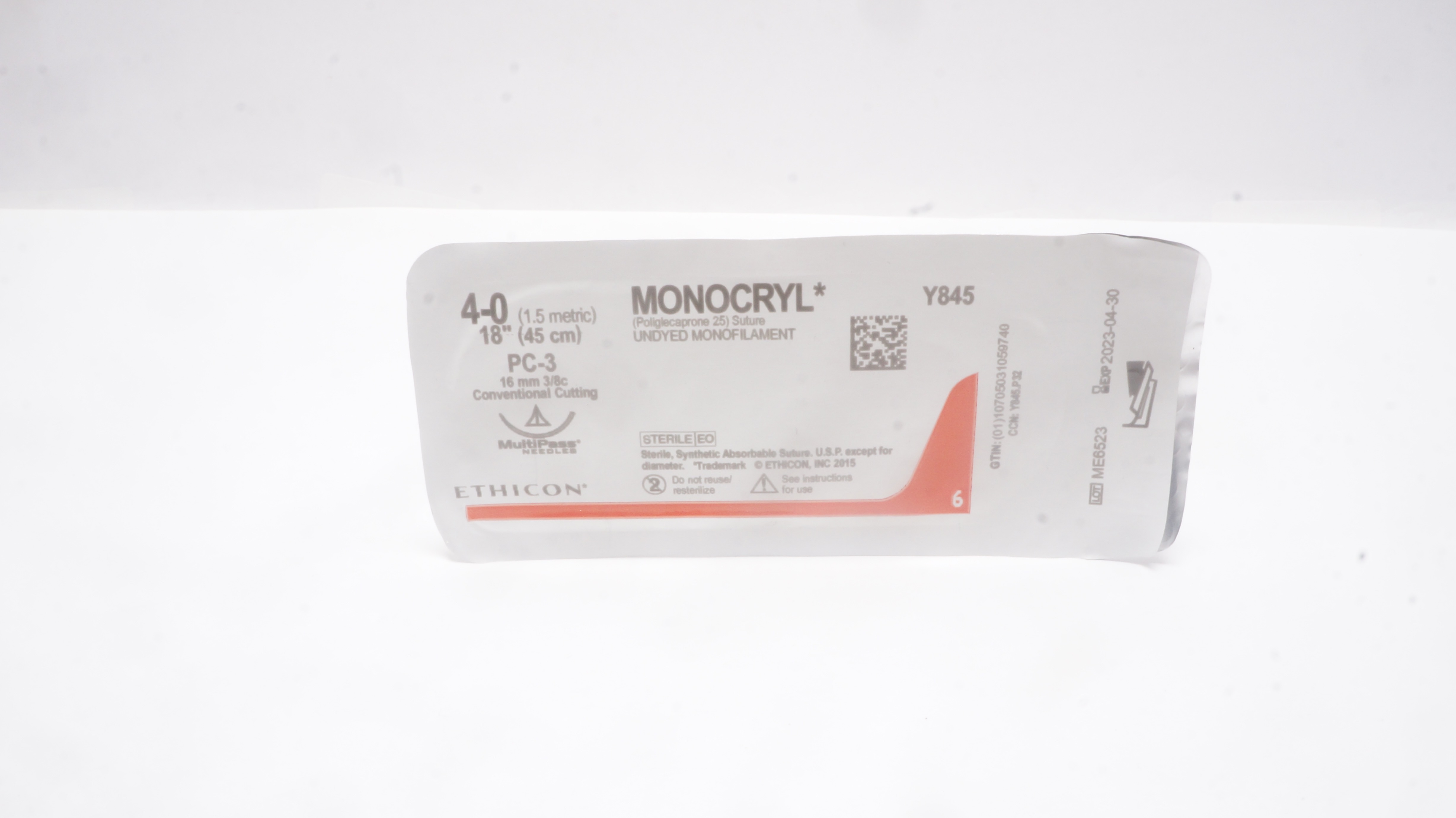 Ethicon Y845 4-0 MONOCRYL, PC-3, 16mm 3/8c Conventional Cutting, 18inch (x)