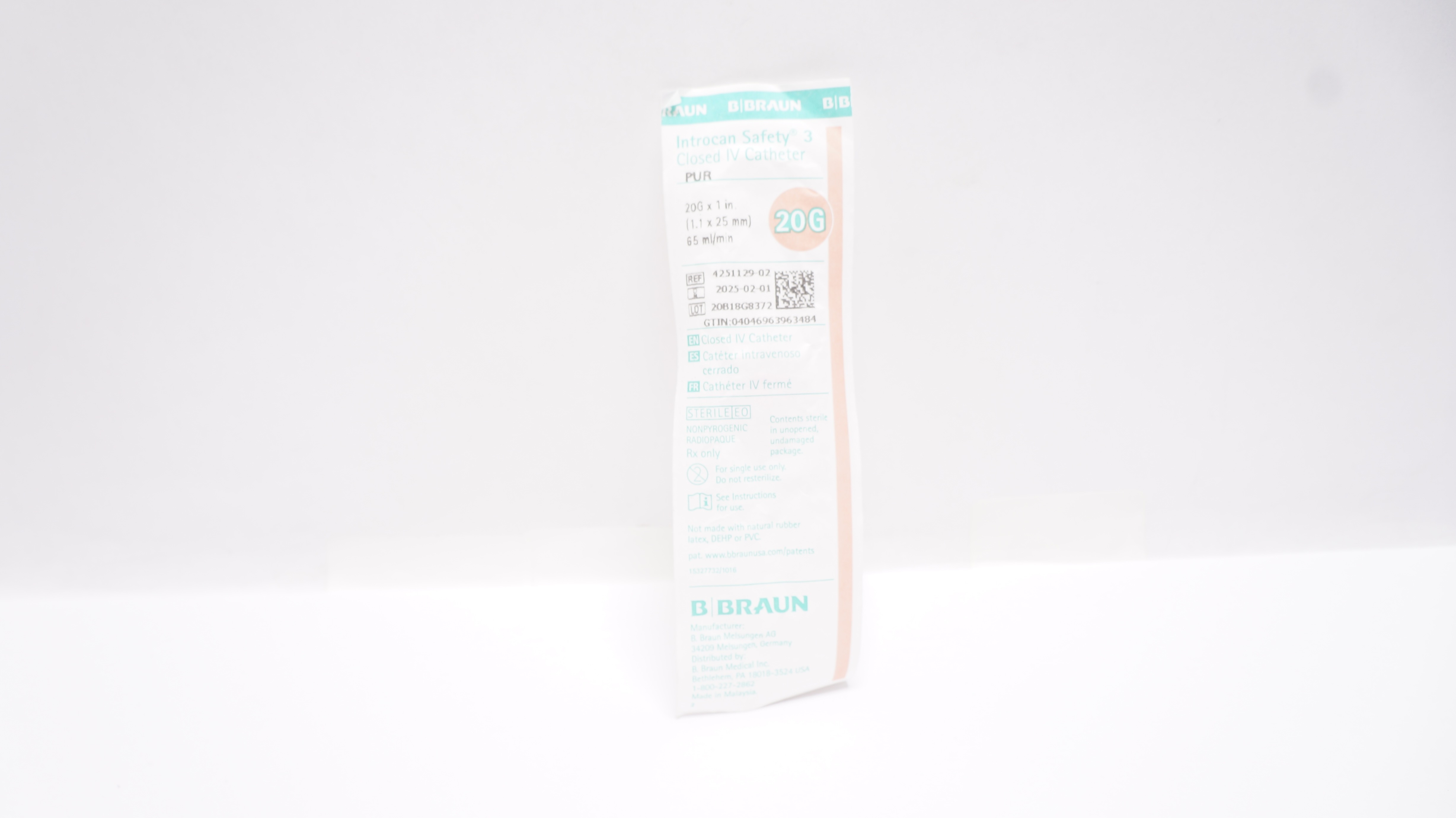 Braun 4251129-02 Introcan Safety 3 Closed IV Cath. PUR 20G x 1 inch x 65mL/min
