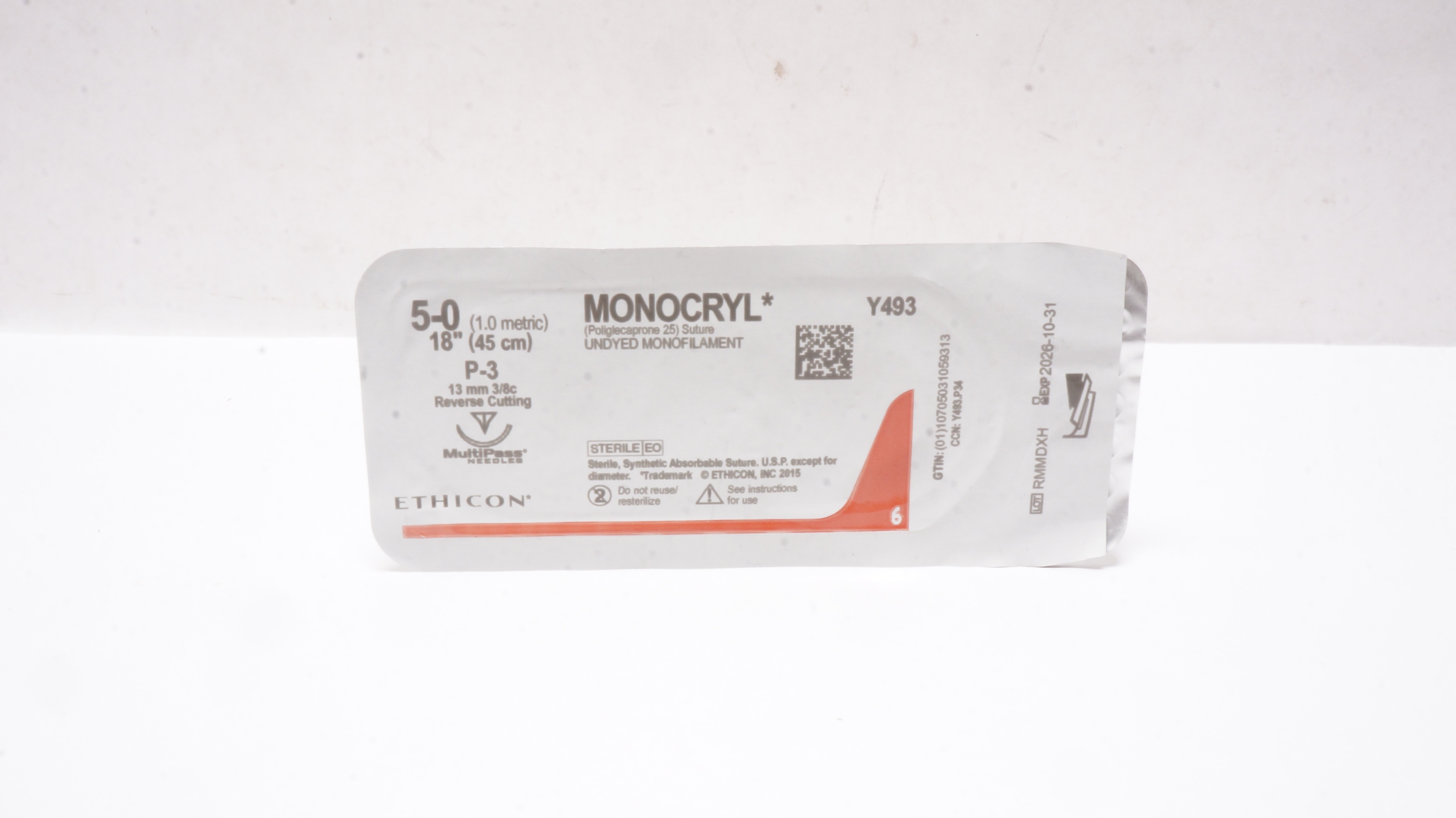 Ethicon Y493 5-0 MONOCRYL Undyed Monofilament P-3 13mm 3/8c Reverse Cutting18in.