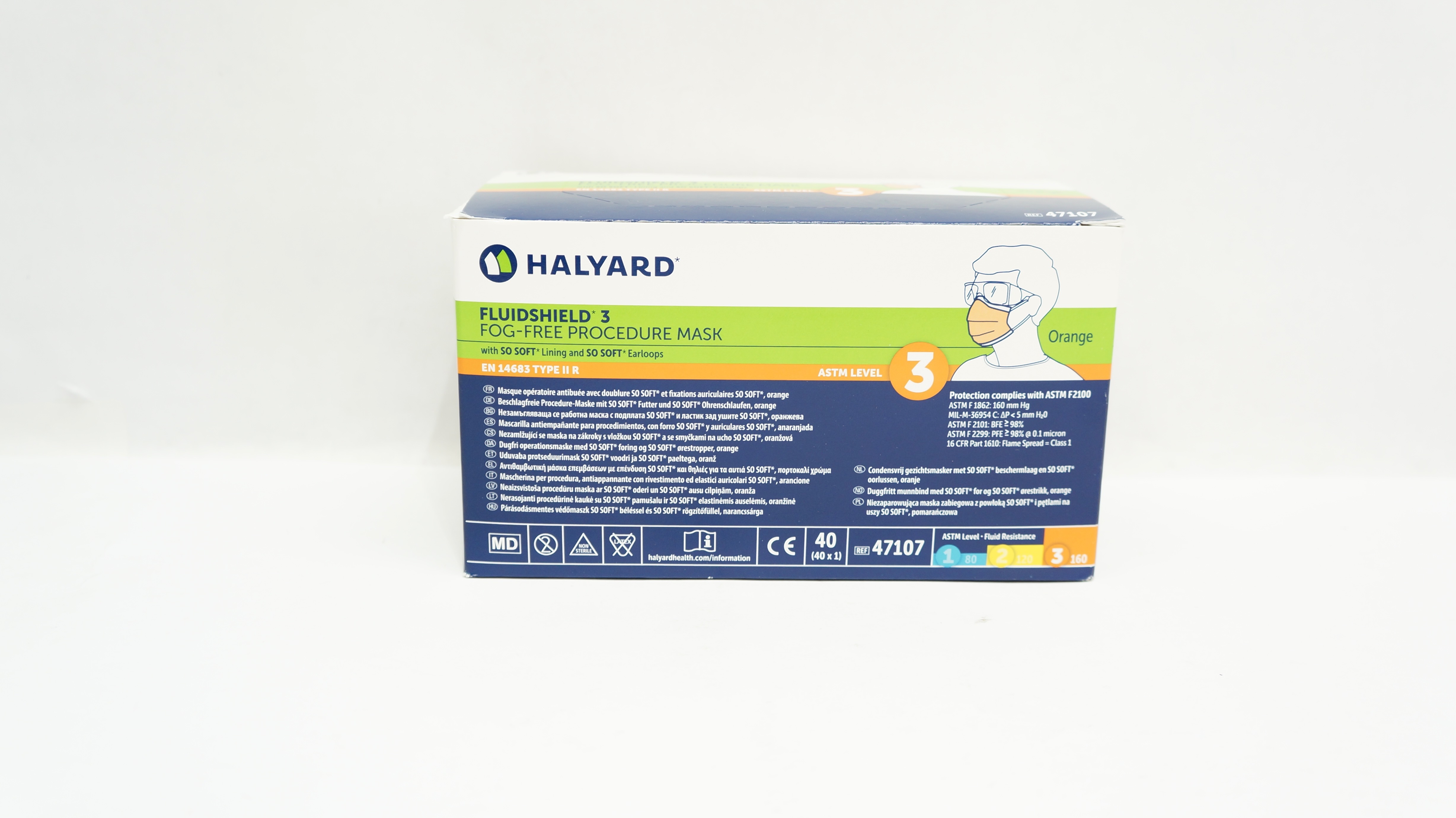 Halyard 47107 Fluidshield 3 Fog-Free Procedure Mask ASTM Level 3 - Box of 40