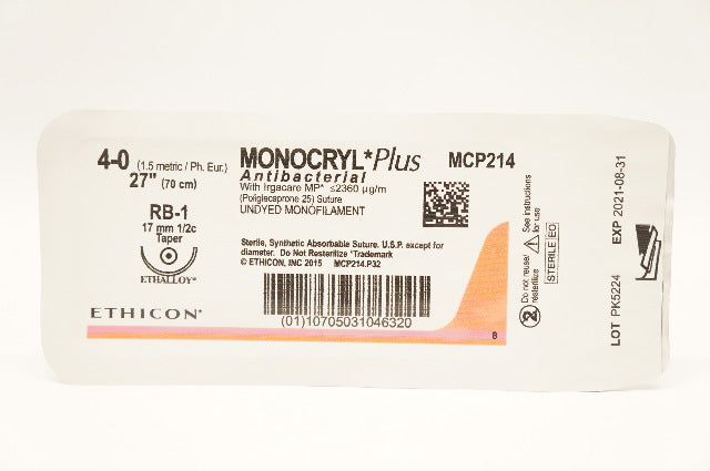 Ethicon MCP214 4-0 Monocryl Plus W/Irgacare MP Stre RB-1 17mm1/2c Taper 27in.(x)