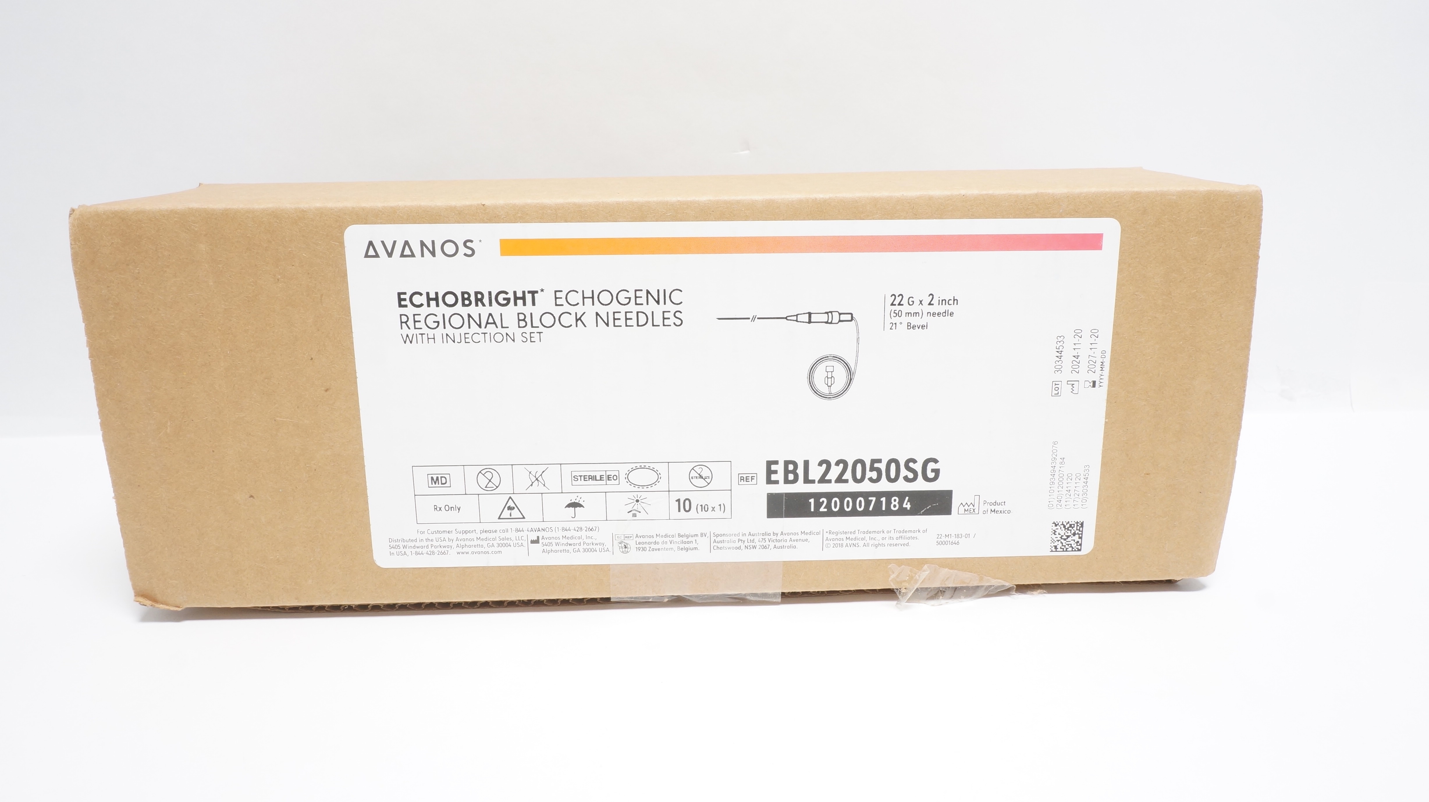 Avanos EBL22050SG EchoBright Echogenic Regional Block Ndle 22Ga x 2in.-Box of 10