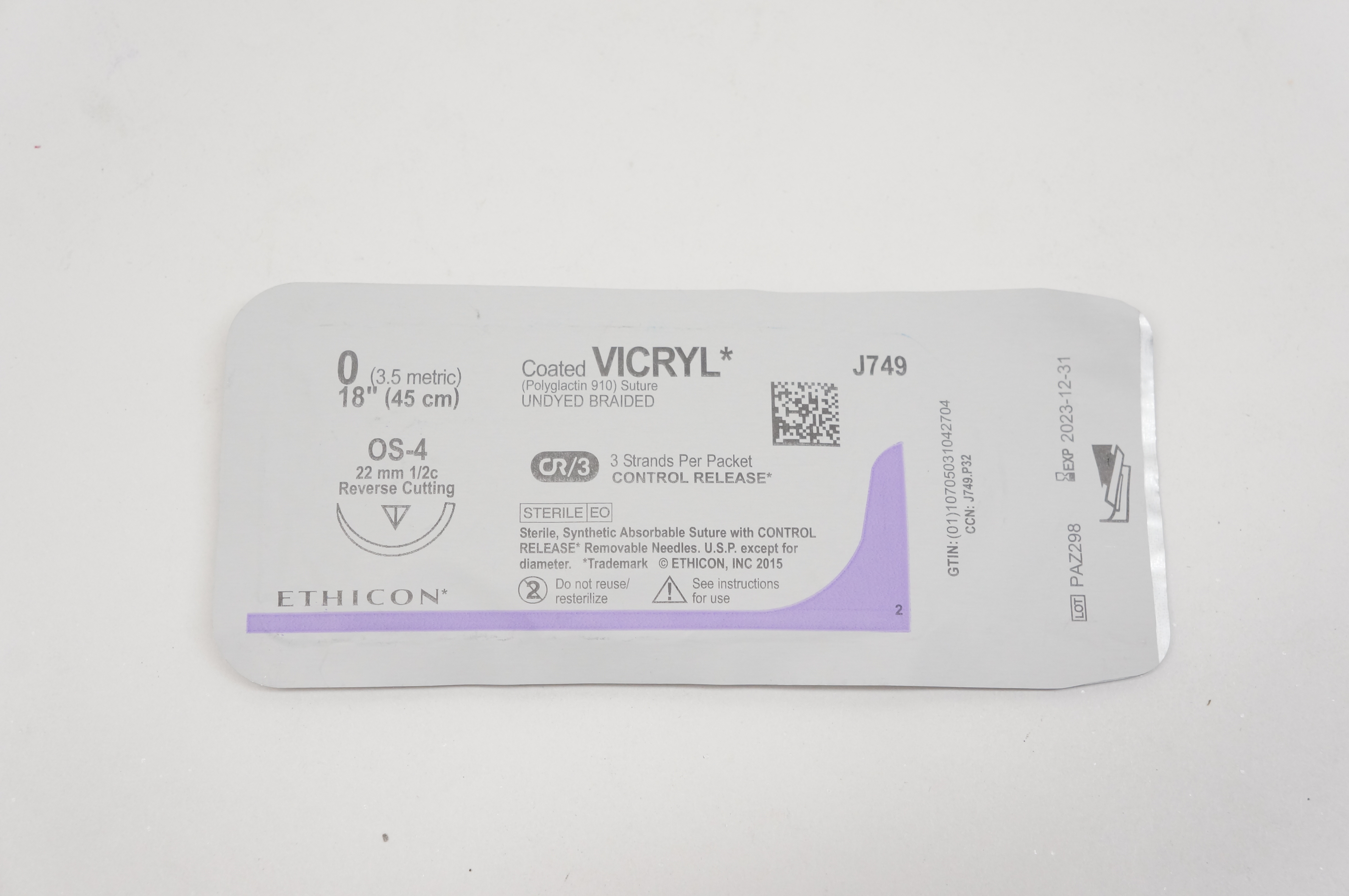 Ethicon J749 0 VICRYL, OS-4, 22mm 1/2c Reverse Cutting, 18inch
