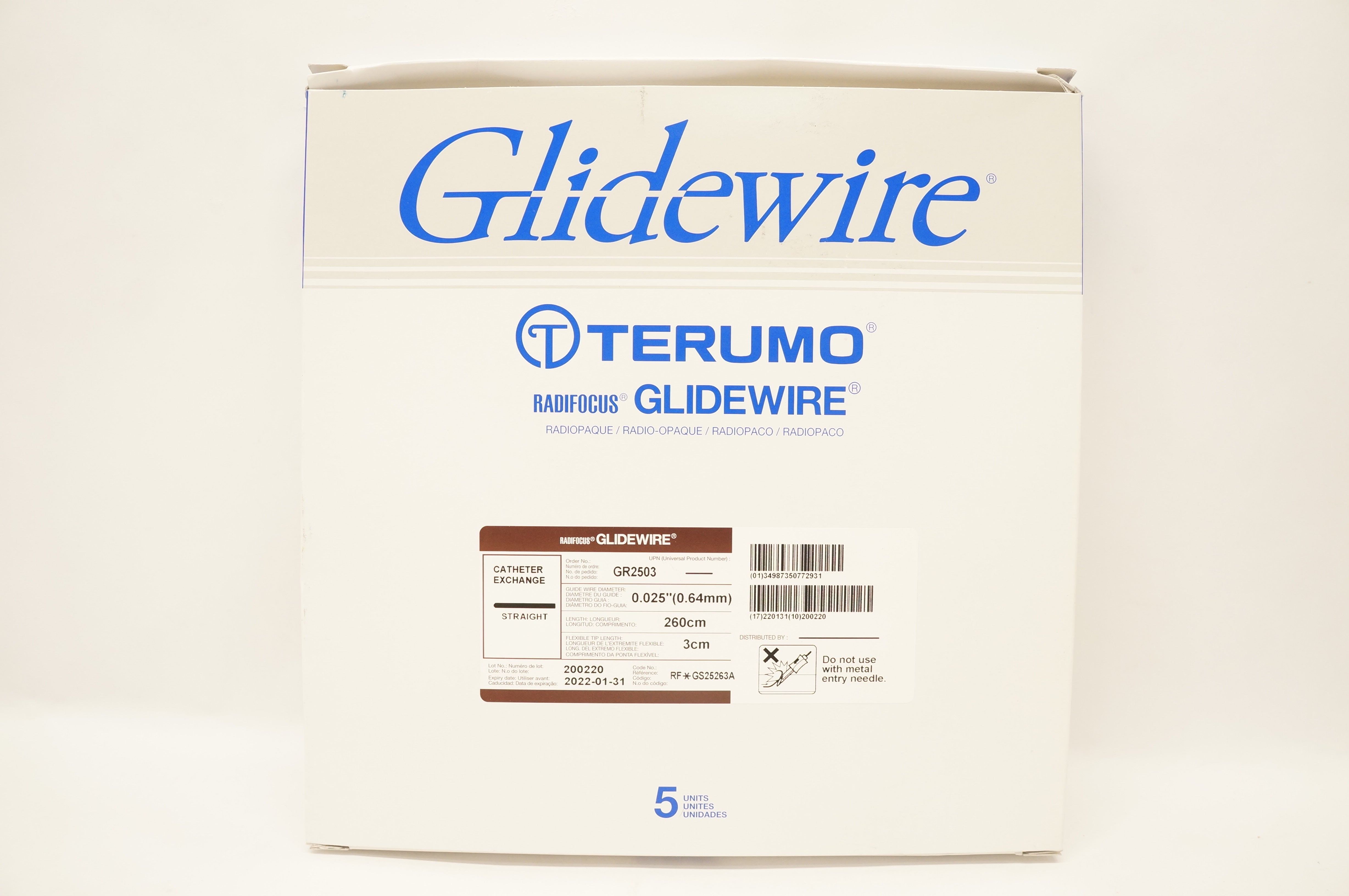 Terumo GR2503 Radifocus Glidewire, Straight 0.025inch x 260cm x 3cm (x) - Box of 5