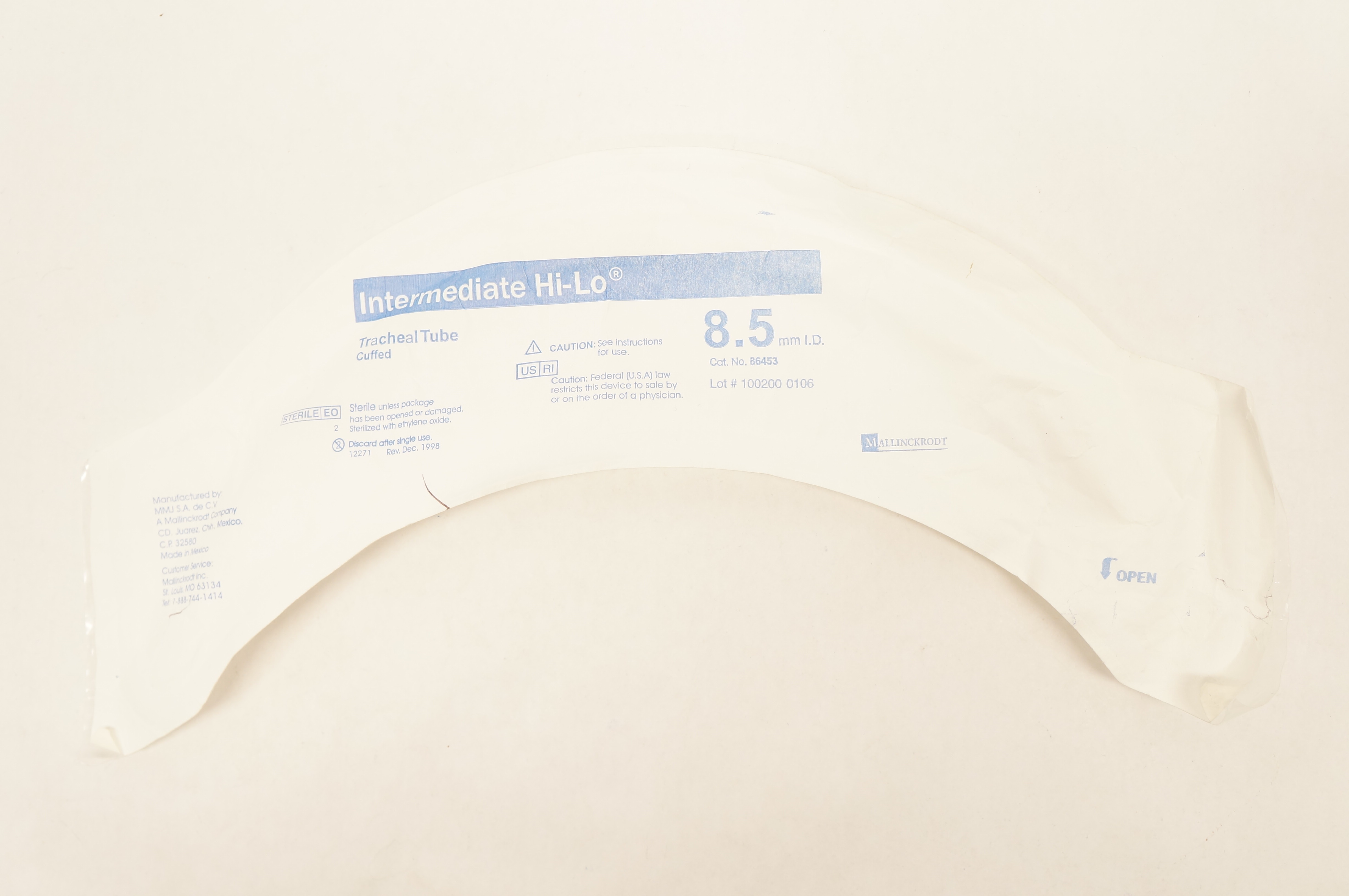 Mallinckrodt 86453 Intermediate Hi-Lo Tracheal Tube Cuffed 8.5mm I.D.