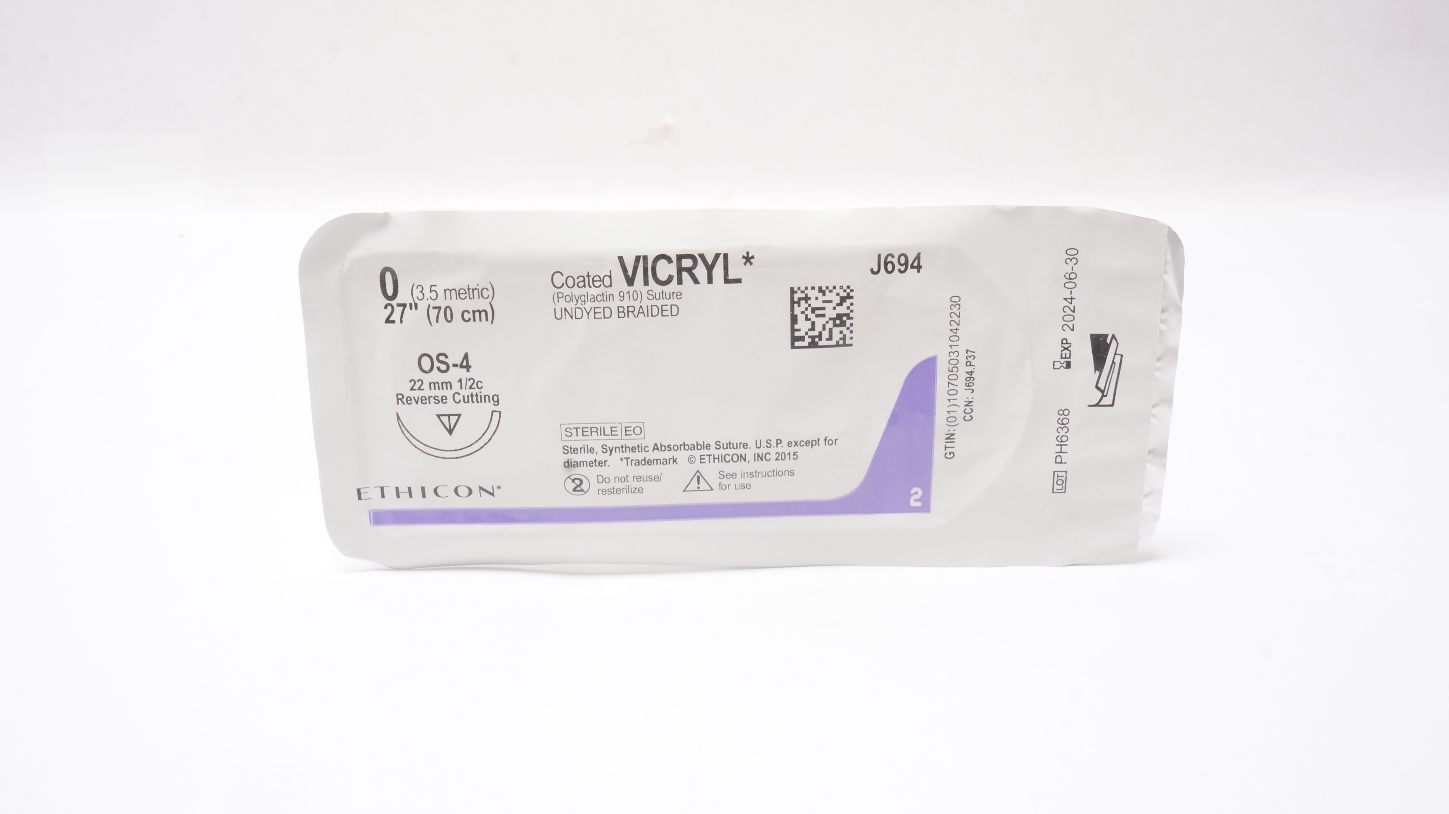 Ethicon J694 0 Coated Vicryl Braided Stre OS-4 22mm 1/2c Reverse Cutting, 27inch