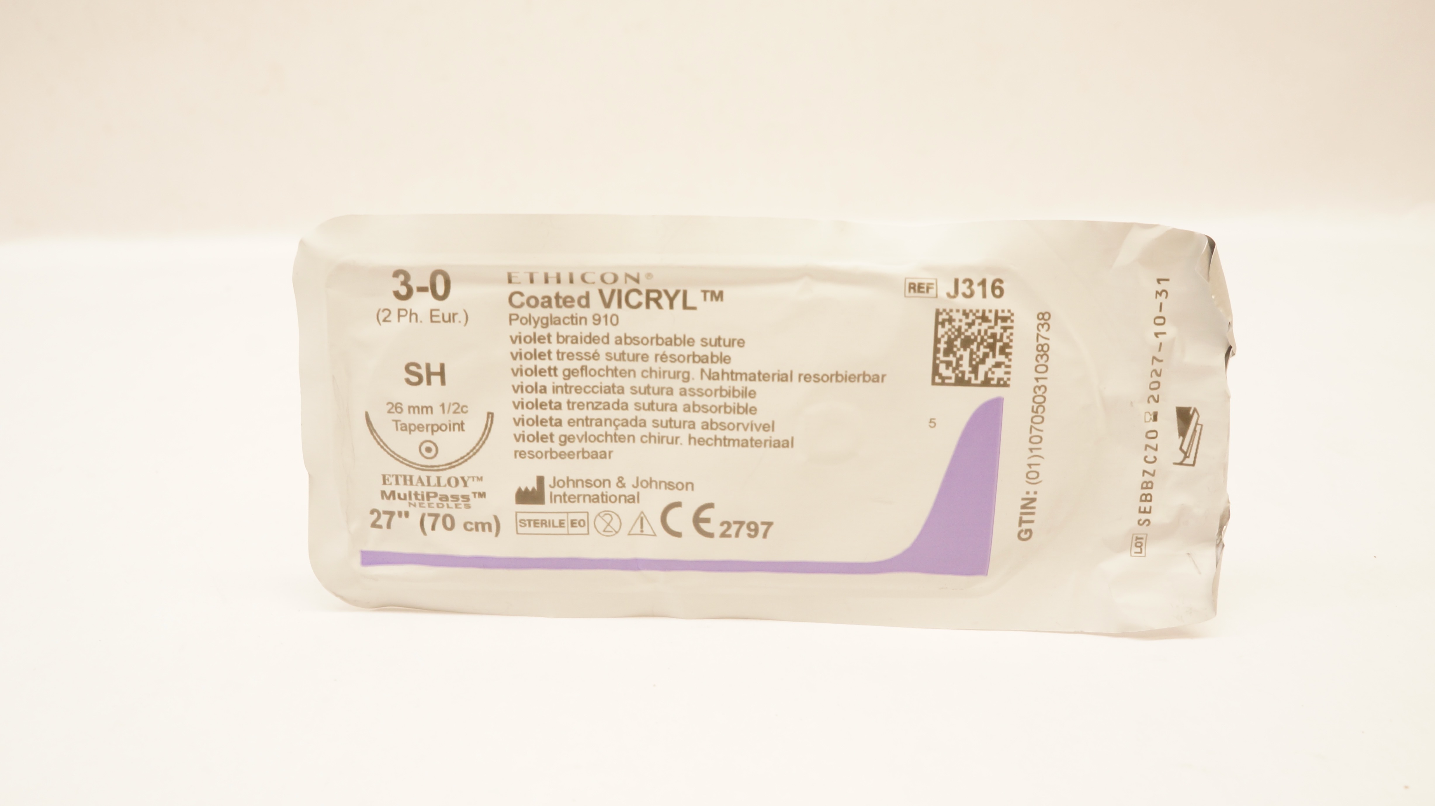 Ethicon J316 3-0 Coated VICRYL Polyglactin 910 Stre, SH 26mm 1/2c Taper, 27inch
