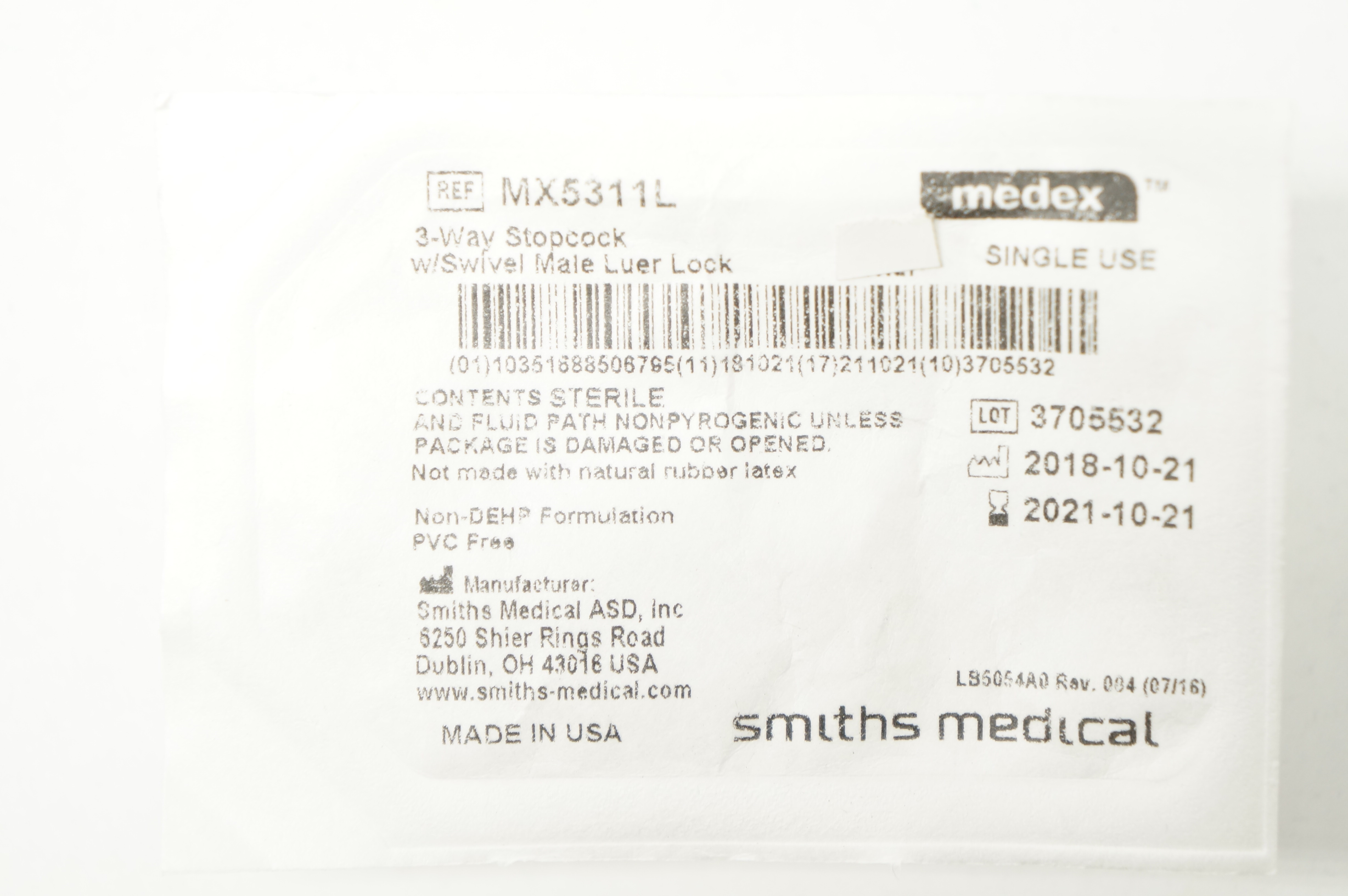 Smiths Medical MX5311L, 3-Way Stopcock with Swivel Male Luer Lock (x)