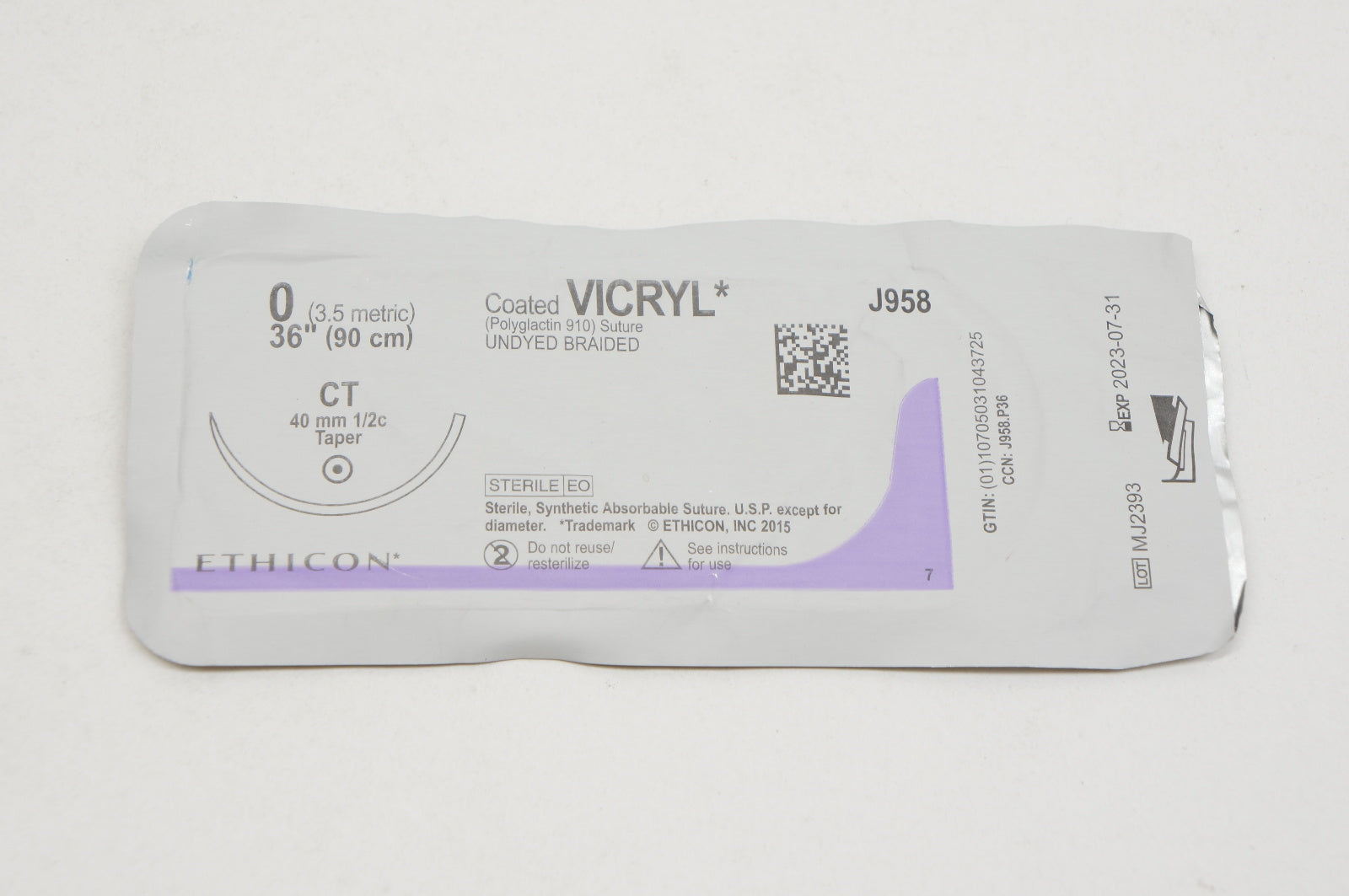 Ethicon J958 0 VICRYL, Undyed Braided, CT, 40mm 1/2c Taper, 36inch
