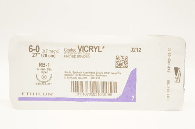 Ethicon J212 6-0 Coated VICRYL Polyglactin 910 Stre RB-1 17mm 1/2c Taper, 27inch