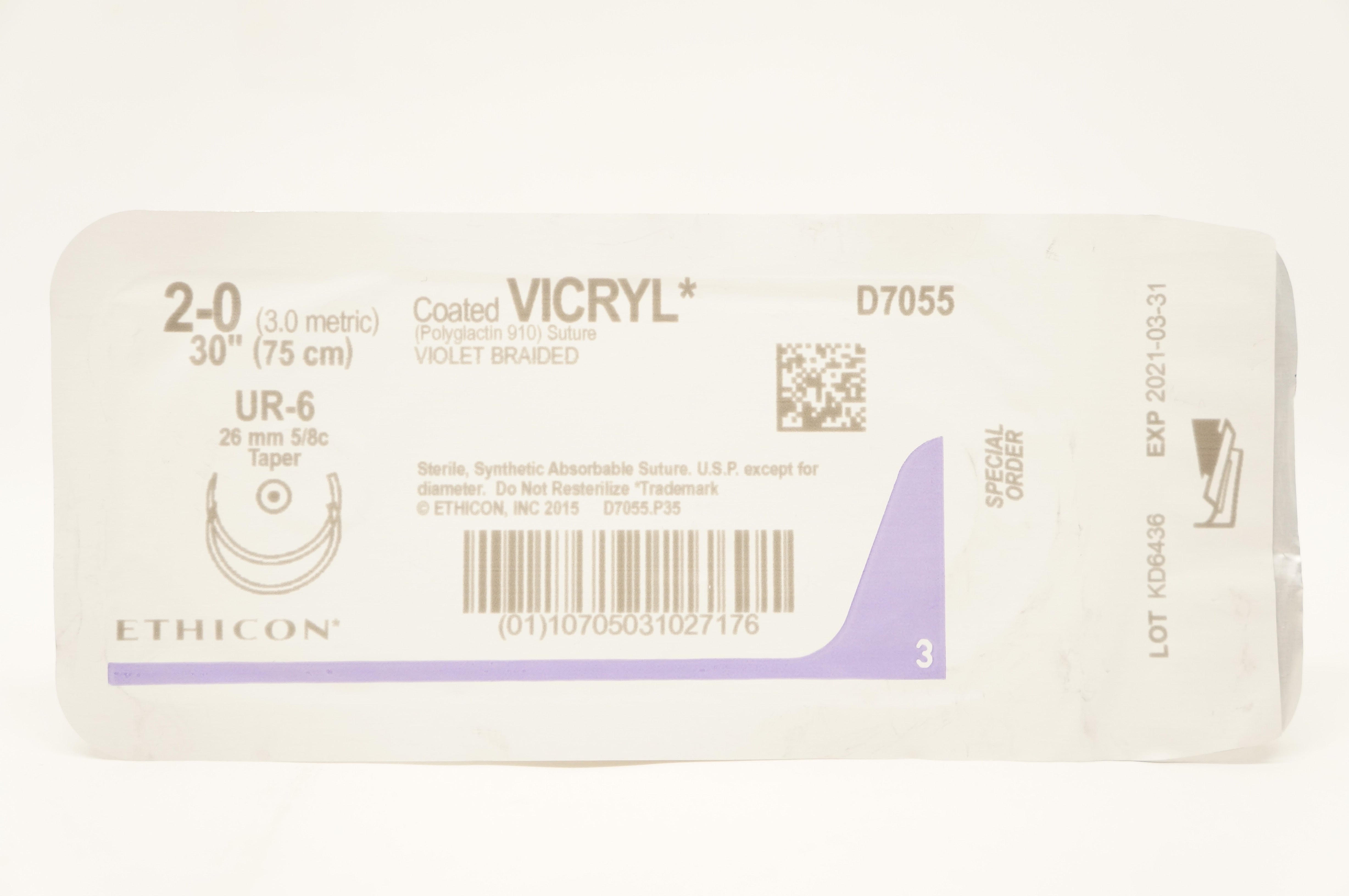 Ethicon D7055 2-0 Coated Vicryl  Polyglactin Stre UR-6 26mm 5/8c Taper 30 in (x)
