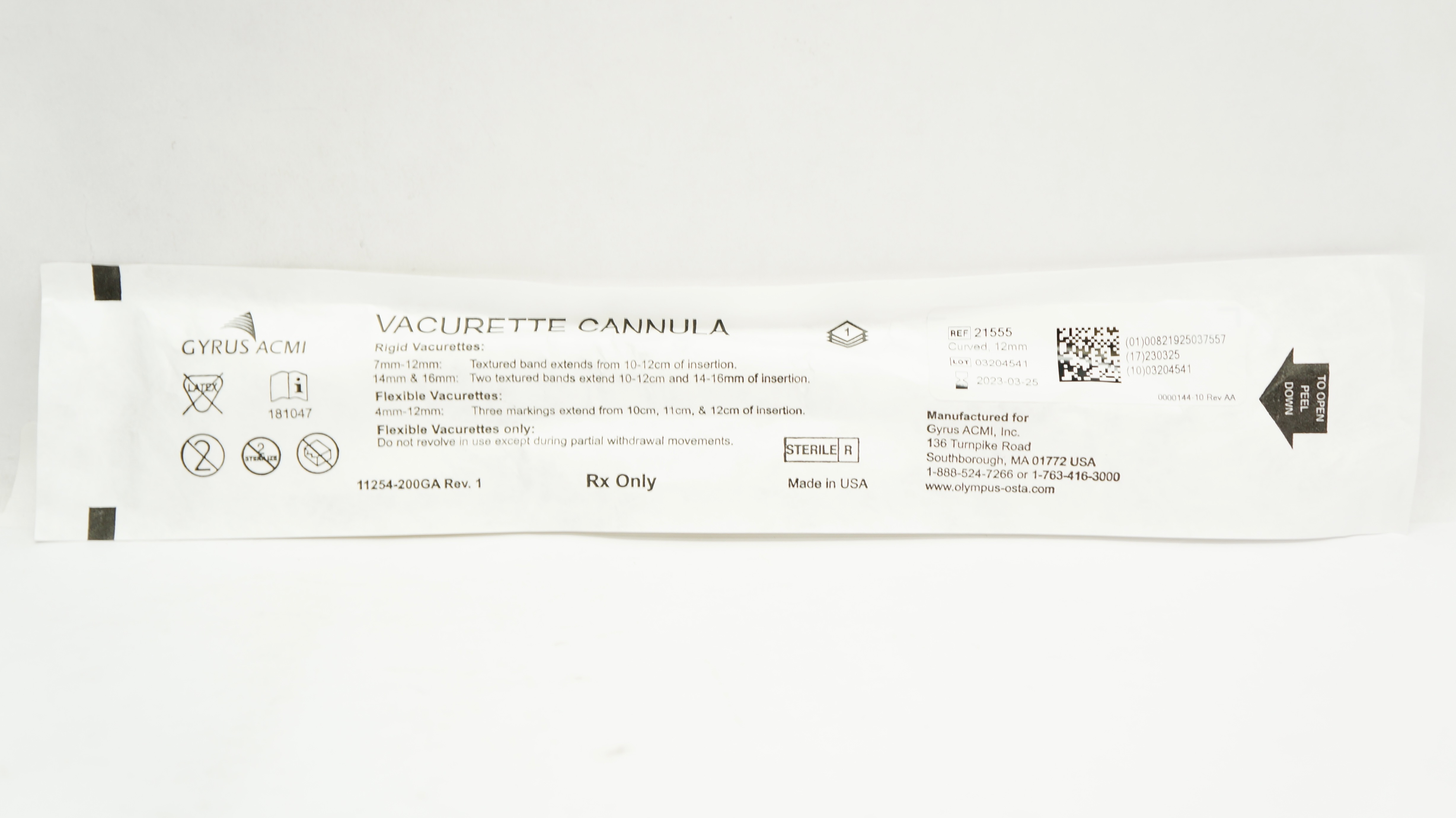 Gyrus ACMI 21555 Vacurette Cannula Rigid Curved 12 mm (x)