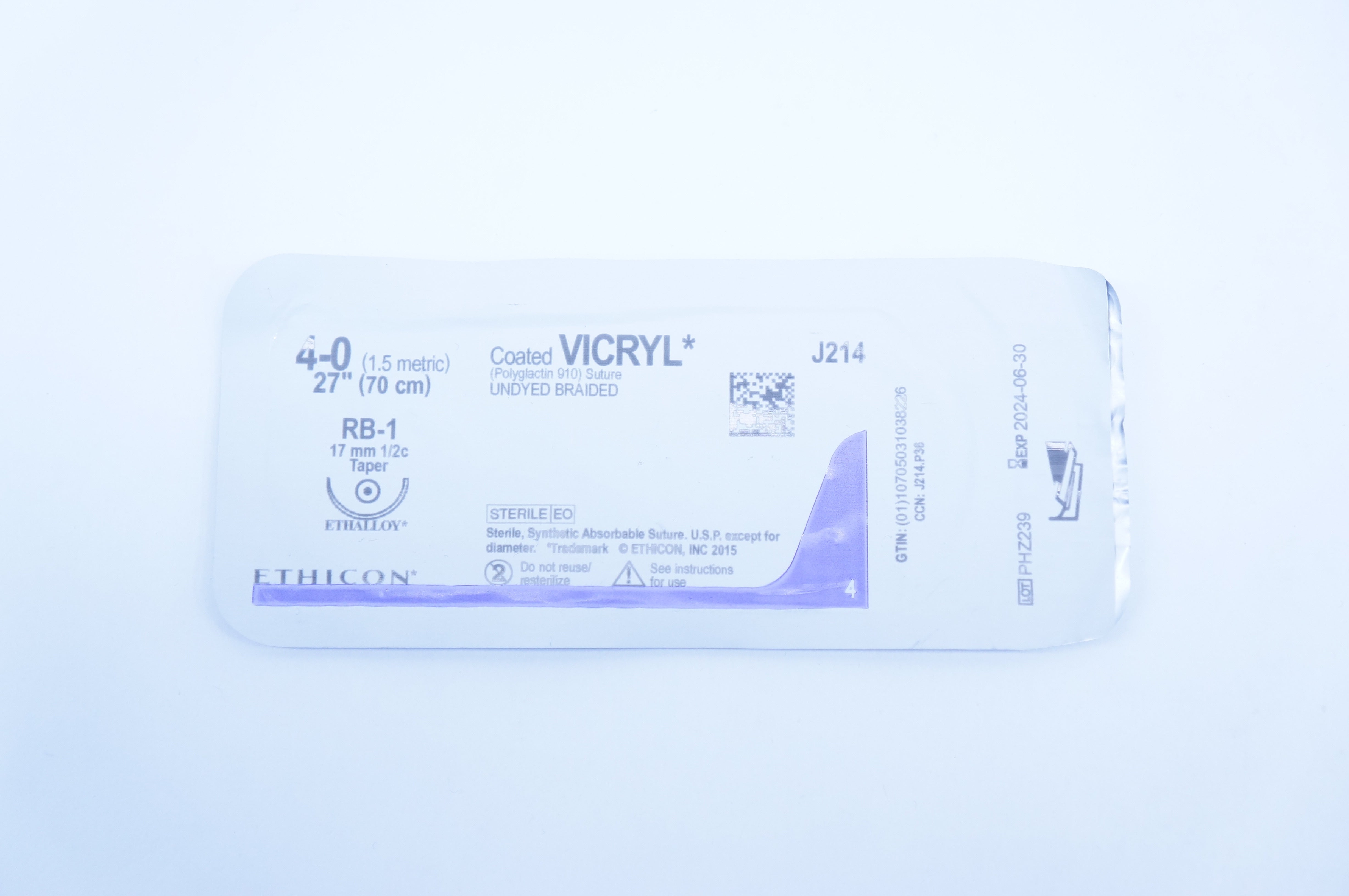 Ethicon J214 4-0 Vicryl  Stre. Undyed Braided, RB-1 17mm Tapper, 27in