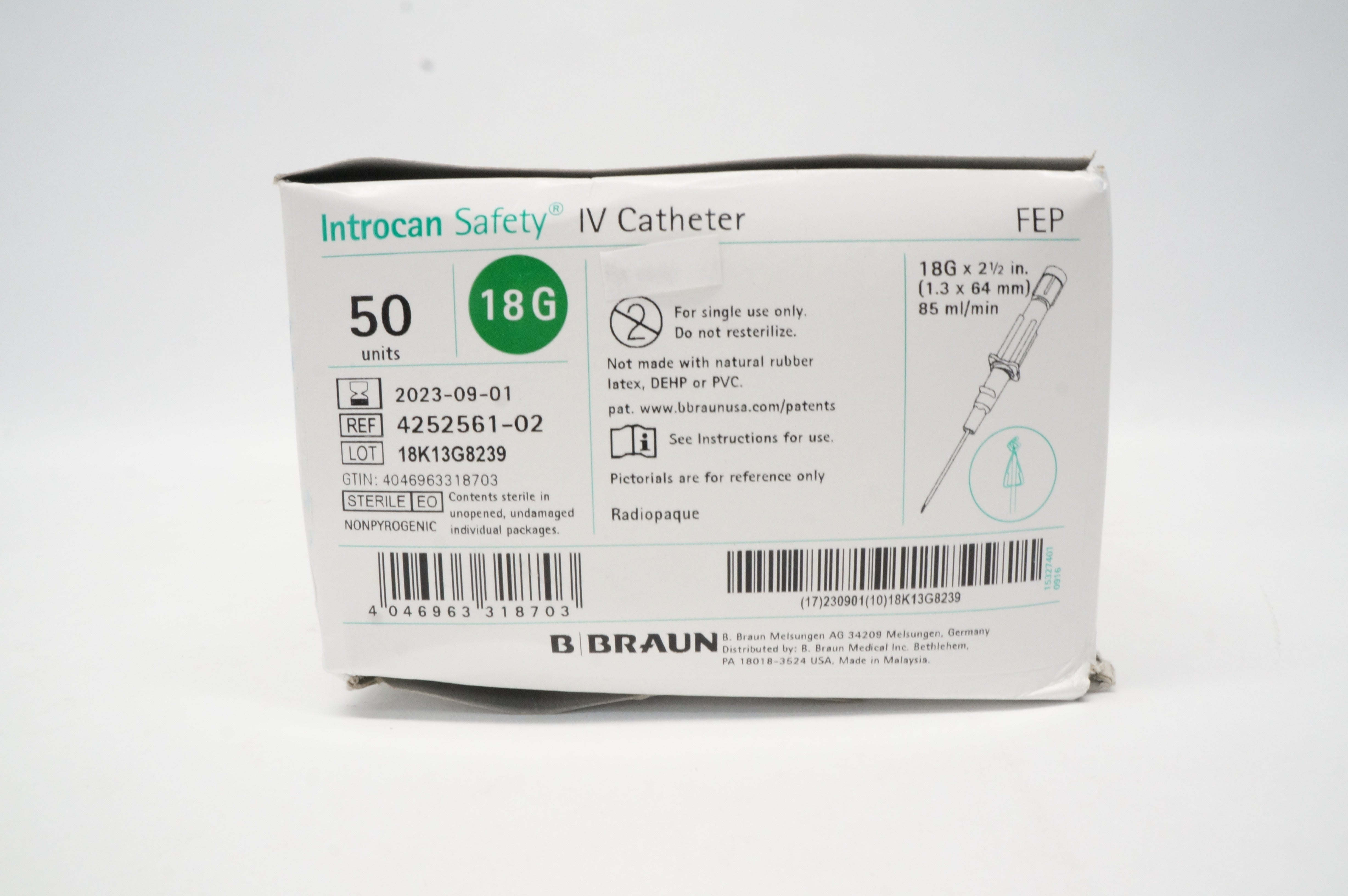 Braun 4252561-02 Introcan Safety IV Cath. 18Gx 2.5inch, 85ml/min - Box of 50