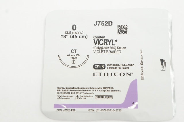 Ethicon J752D 0 Coated Vicryl Stre Violet Braided CR/8 CT 40mm 1/2c Taper 18In
