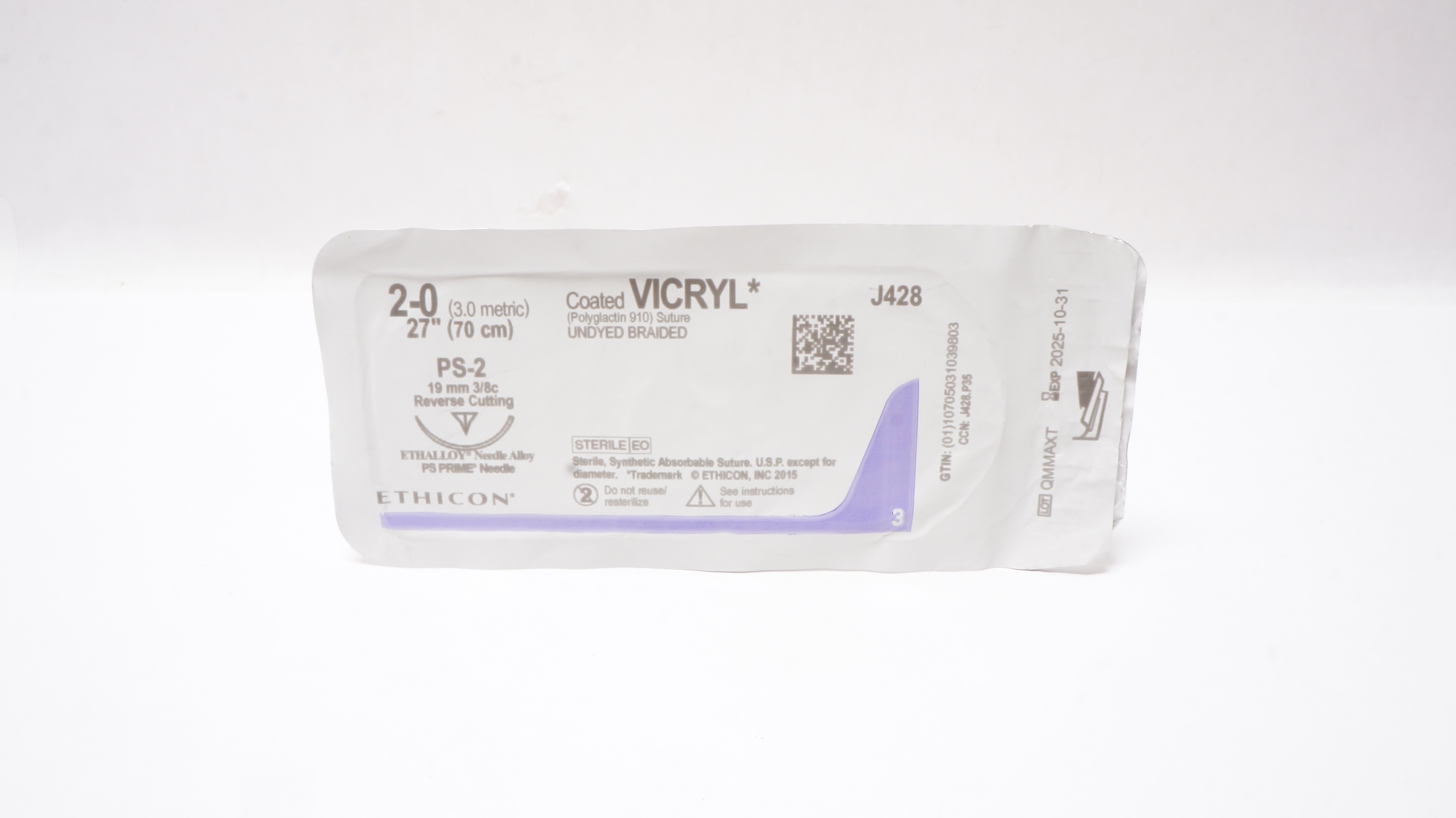 Ethicon J428 2-0 Coated Vicryl Stre PS-2 19mm 3/8c Reverse Cutting, 27inch