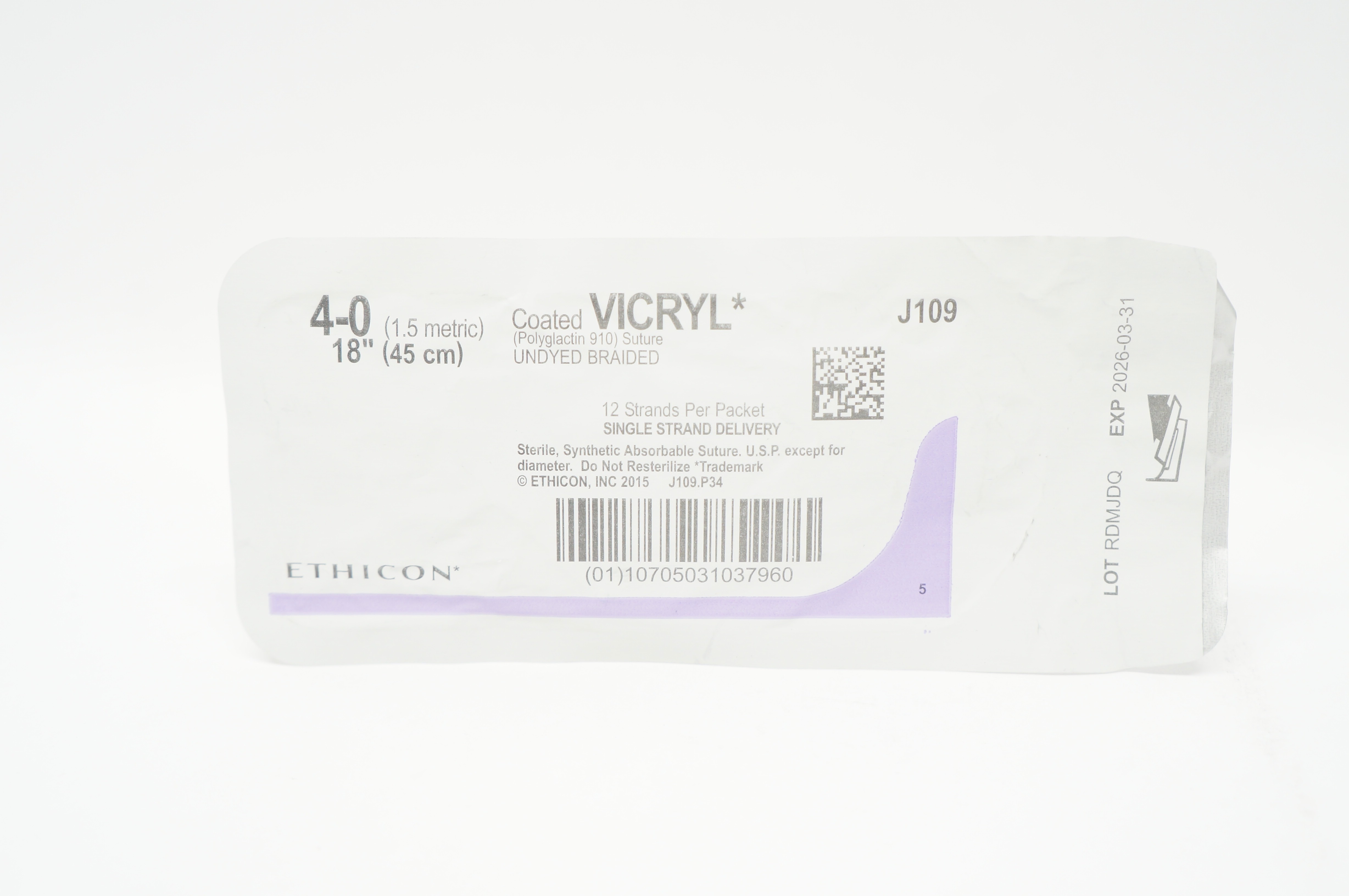 Ethicon J109 4-0 Coated VICRYL Polyglactin 910 Stre Undyed Braided, 18inch