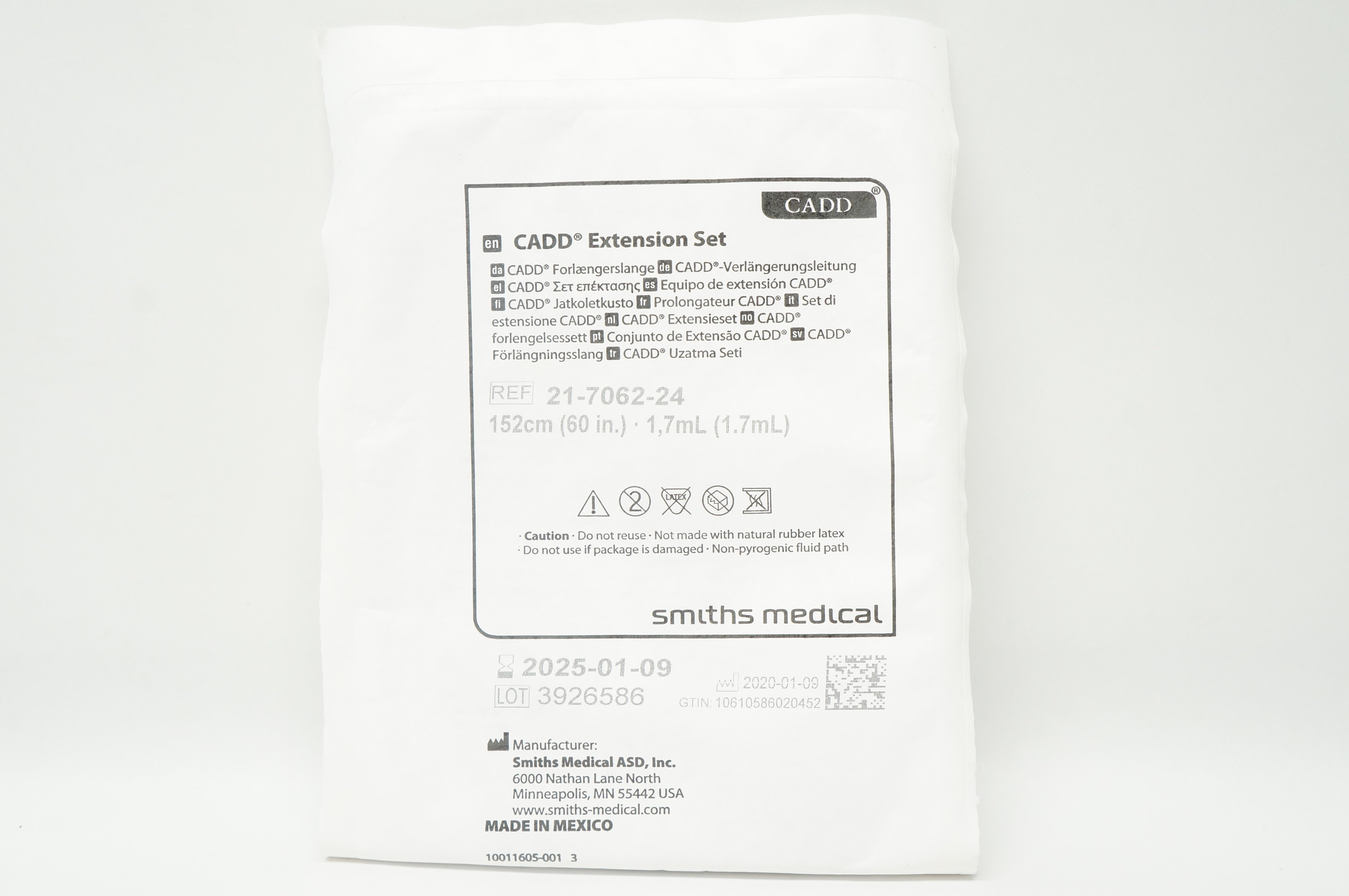 Smiths Medical 21-7062-24 CADD Extension Set 60inch x 1.7mL