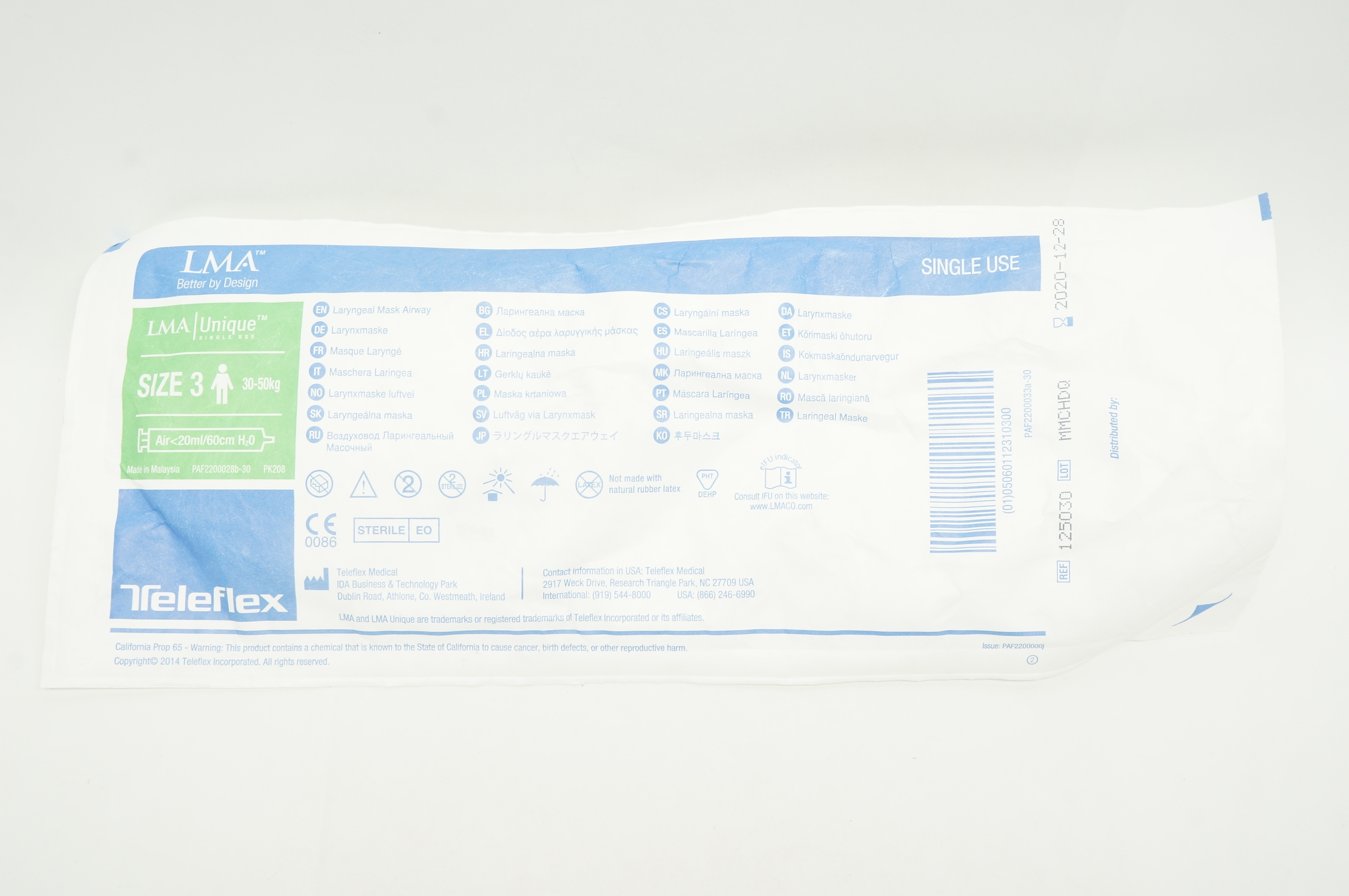 Teleflex 125030 LMA Unique, Laryngeal Mask Airway, Size 3 30-50kg <20ml/60cm (x)