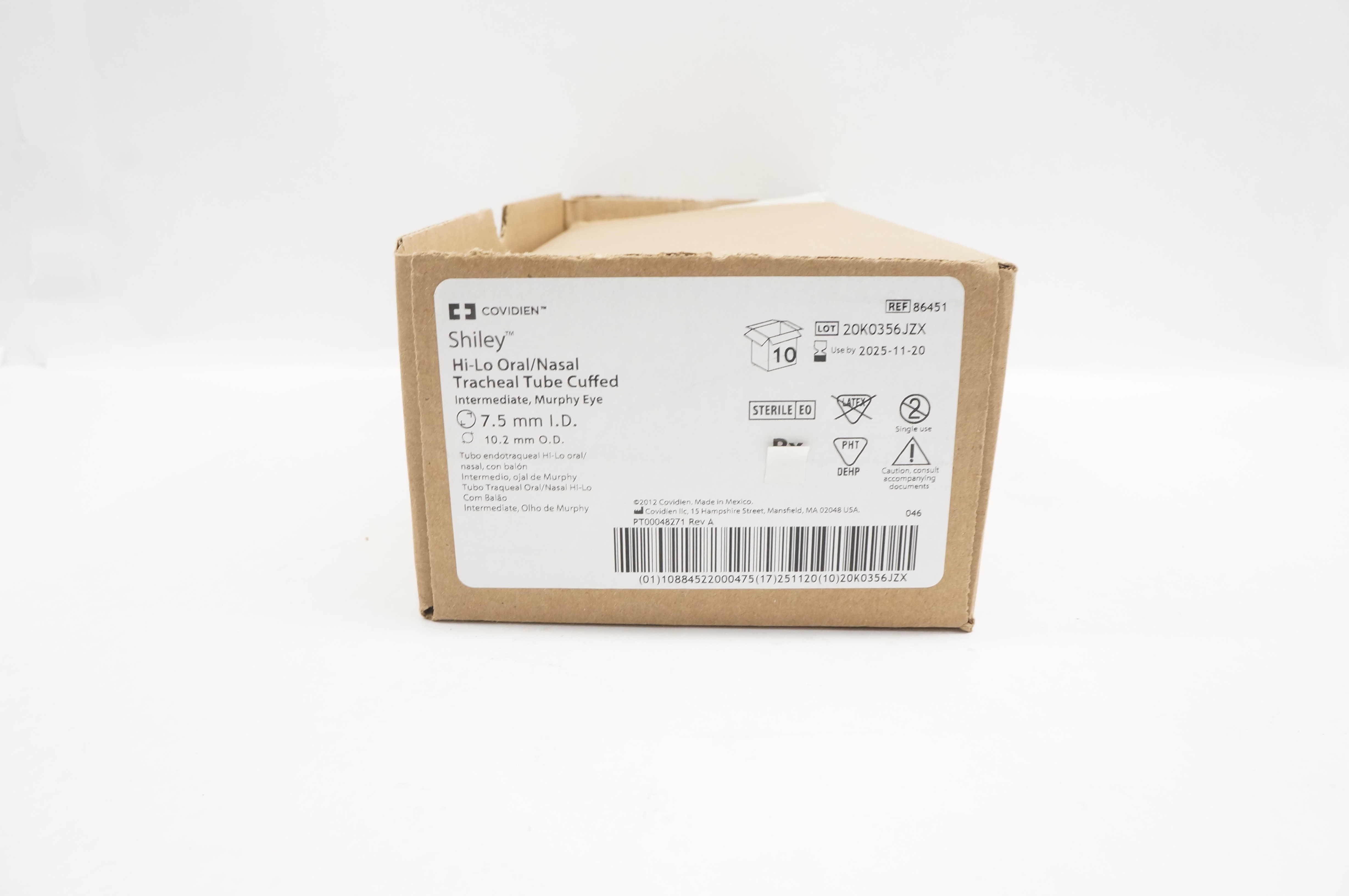 Covidien 86451 Shiley Hi-Lo Oral/Nasal Tracheal Tube Cuffed 7.5x10.2mm-Box of 10
