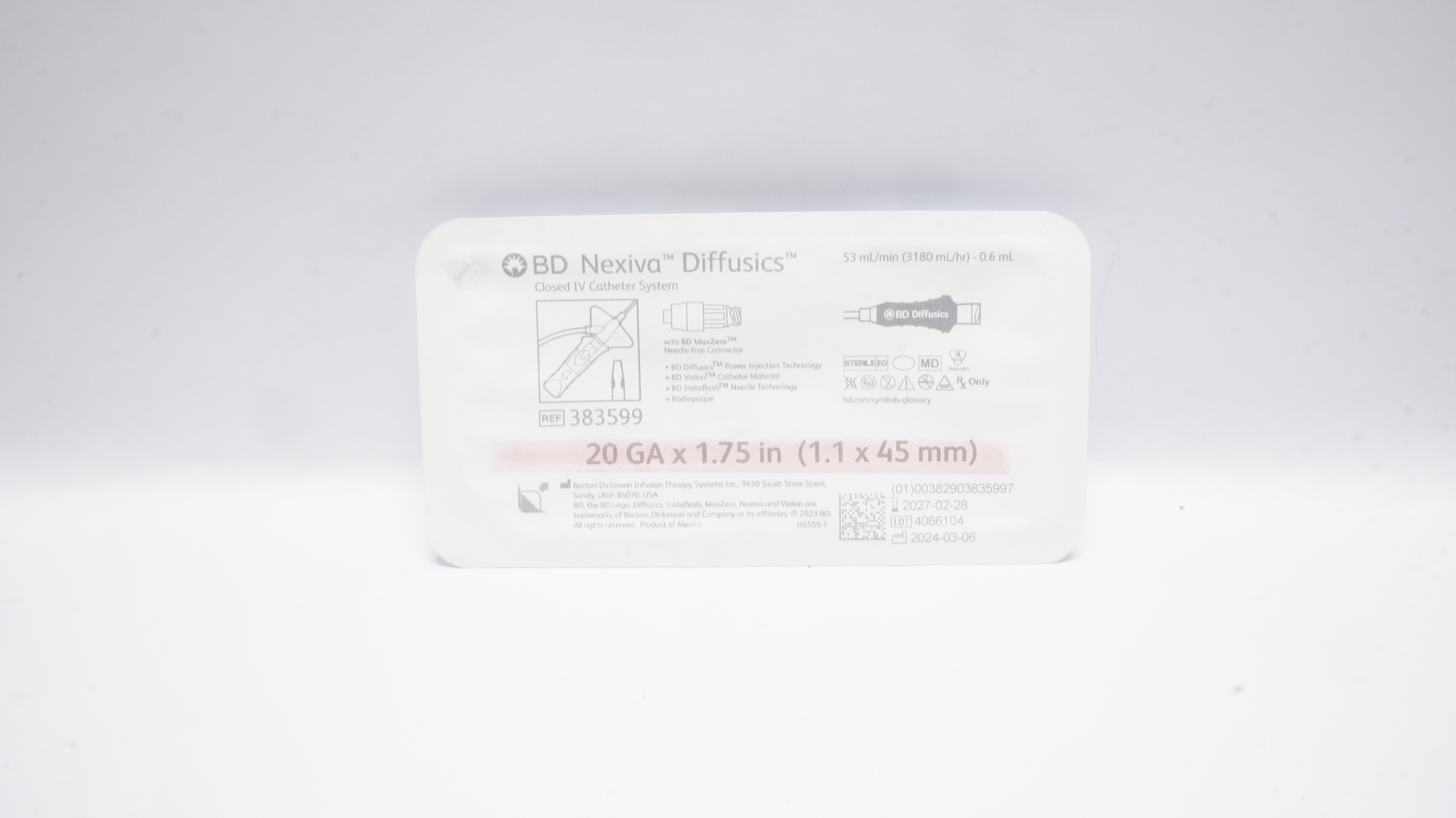 BD 383599 Nexivia Diffusics Closed IV Cath. System 53ml/min 20Ga x 1.75In