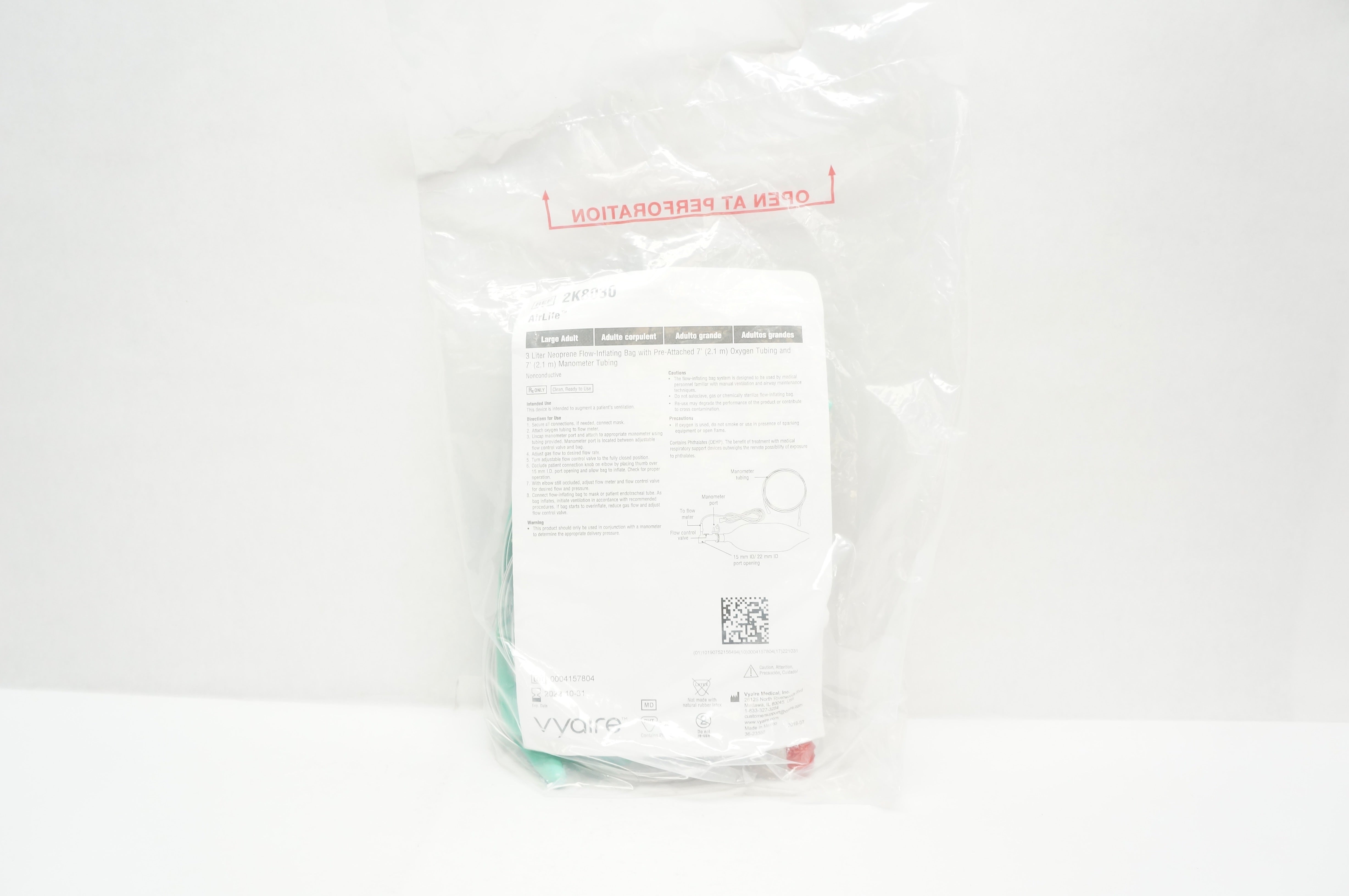 Vyaire 2K8030 AirLife Adult 3 Liter Neoprene Flow-Inflating Bag w/Tubing 7ft.(x)