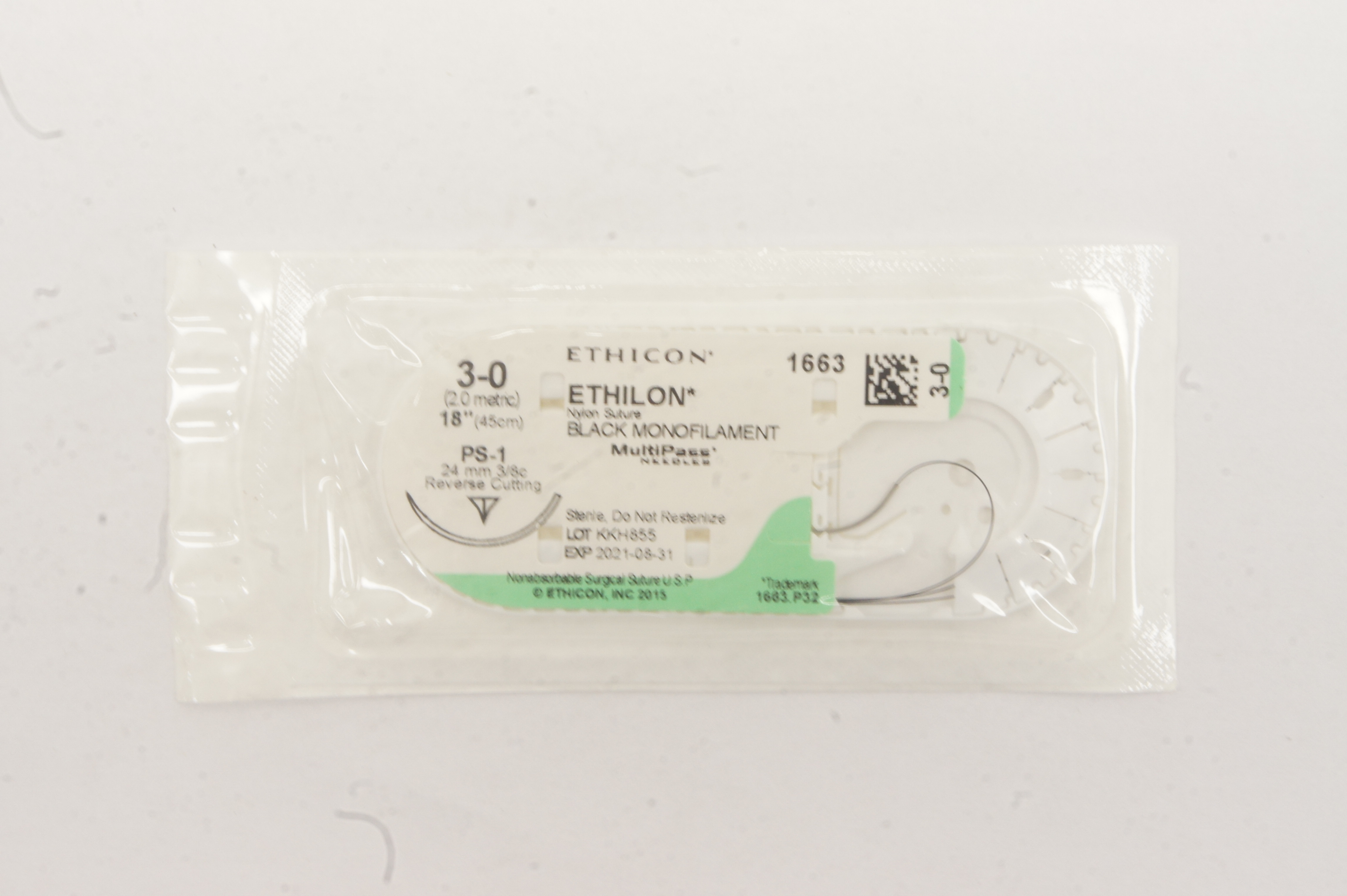 Ethicon 1663 3-0 Ethilon Nylon Stre PS-1 24 mm 3/8c Reverse Cutting 18 inch
