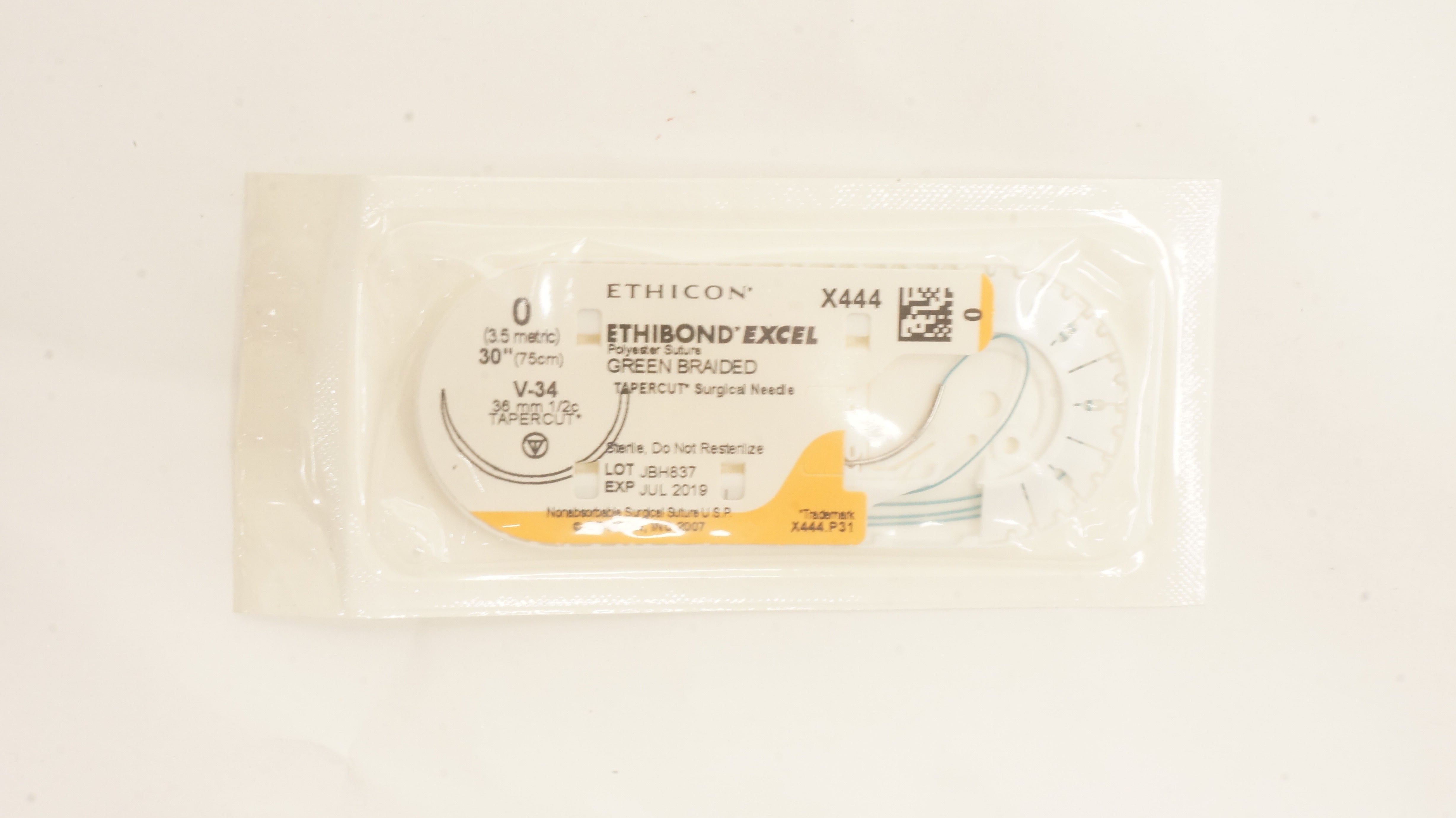 Ethicon X444 0 ETHIBOND EXCEL Polyester Stre V-34, 36mm 1/2c Tapercut, 30inch(x)