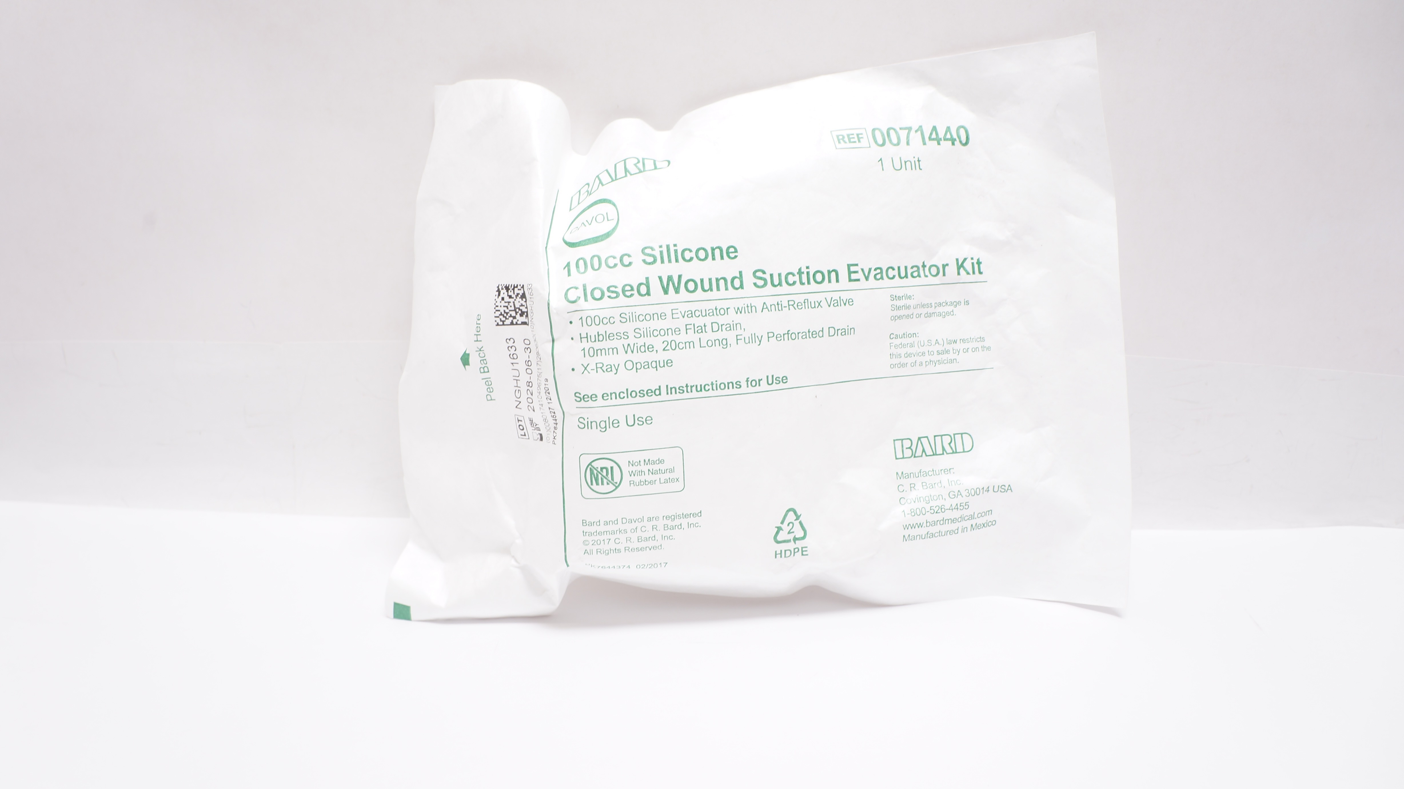 Bard 0071440 Davol 100cc Silicone Closed Wound Suction Evacuator Kit
