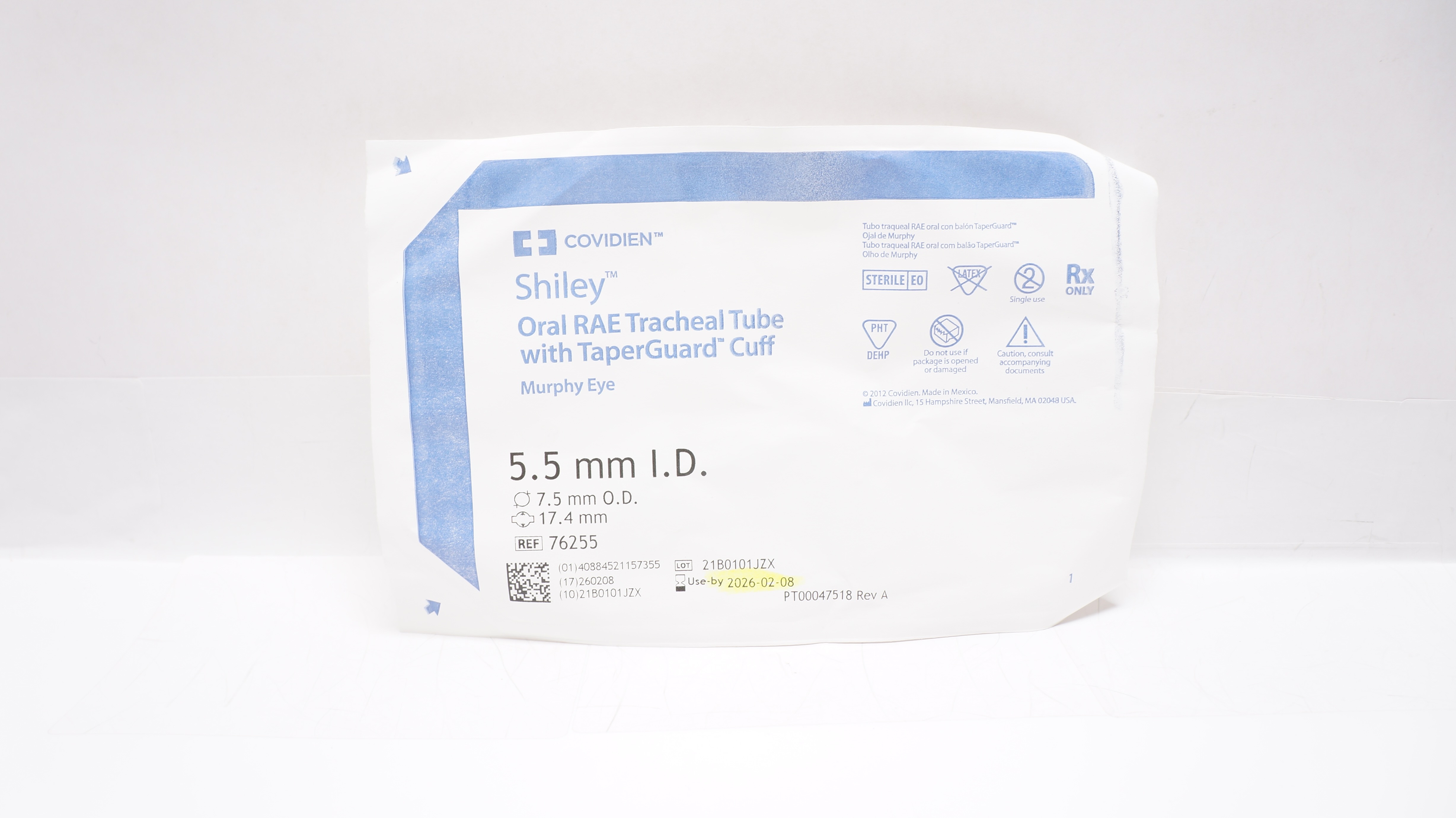 Covidien 76255 Shiley Oral Nasal RAE Tracheal Tube W/Cuff 5.5 x 7.5 x 17.4mm