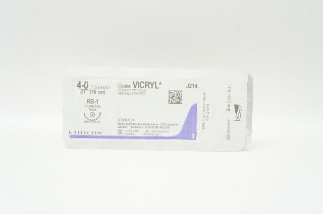 Ethicon J214 4-0 Coated Vicryl Undyed Braided Stre RB-1 Taper 17mm 1/2c, 27inch