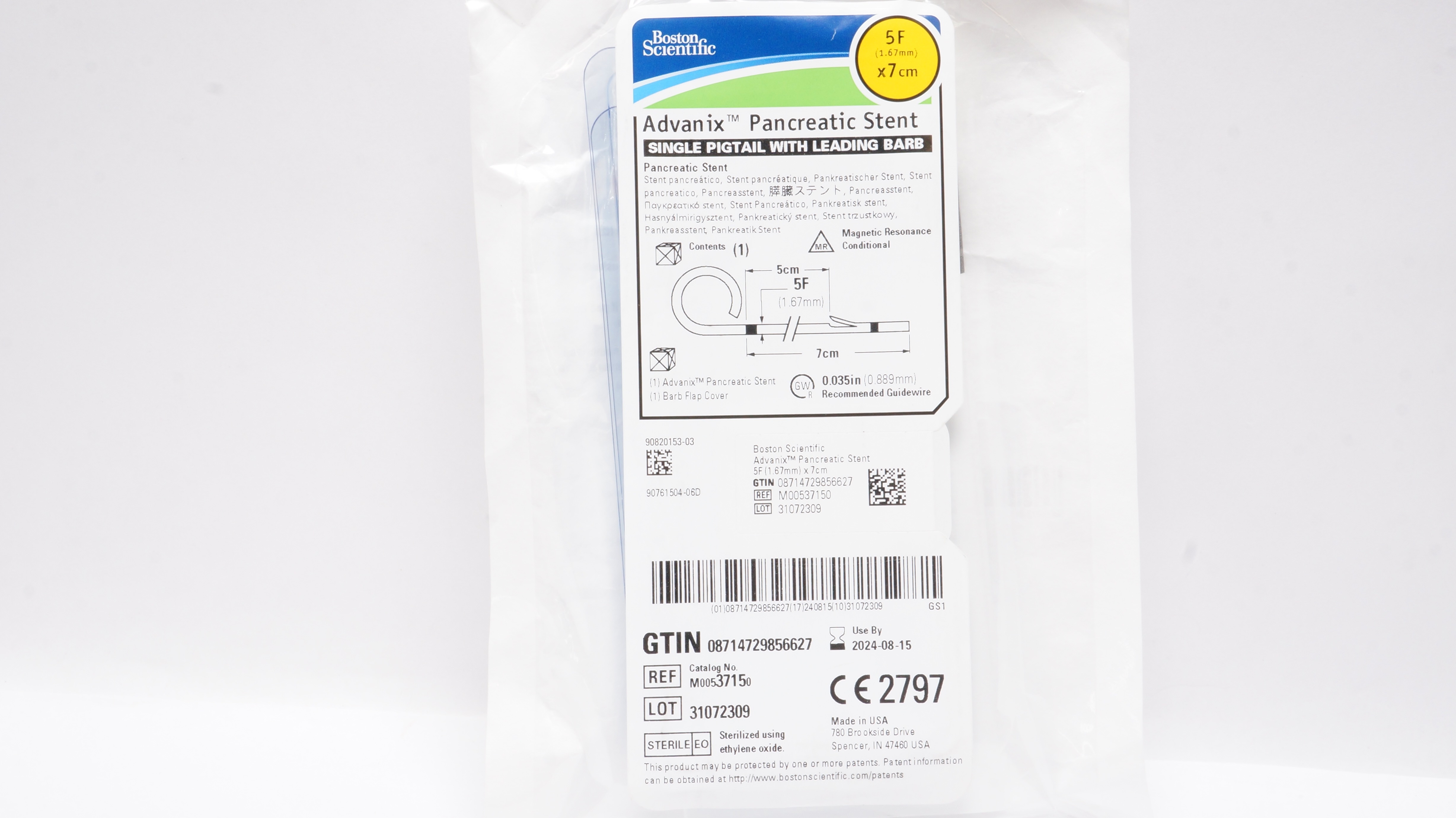 Boston Scientific M00537150 Advanix Pancreatic Stnt Single Pigtail 5F x 7cm