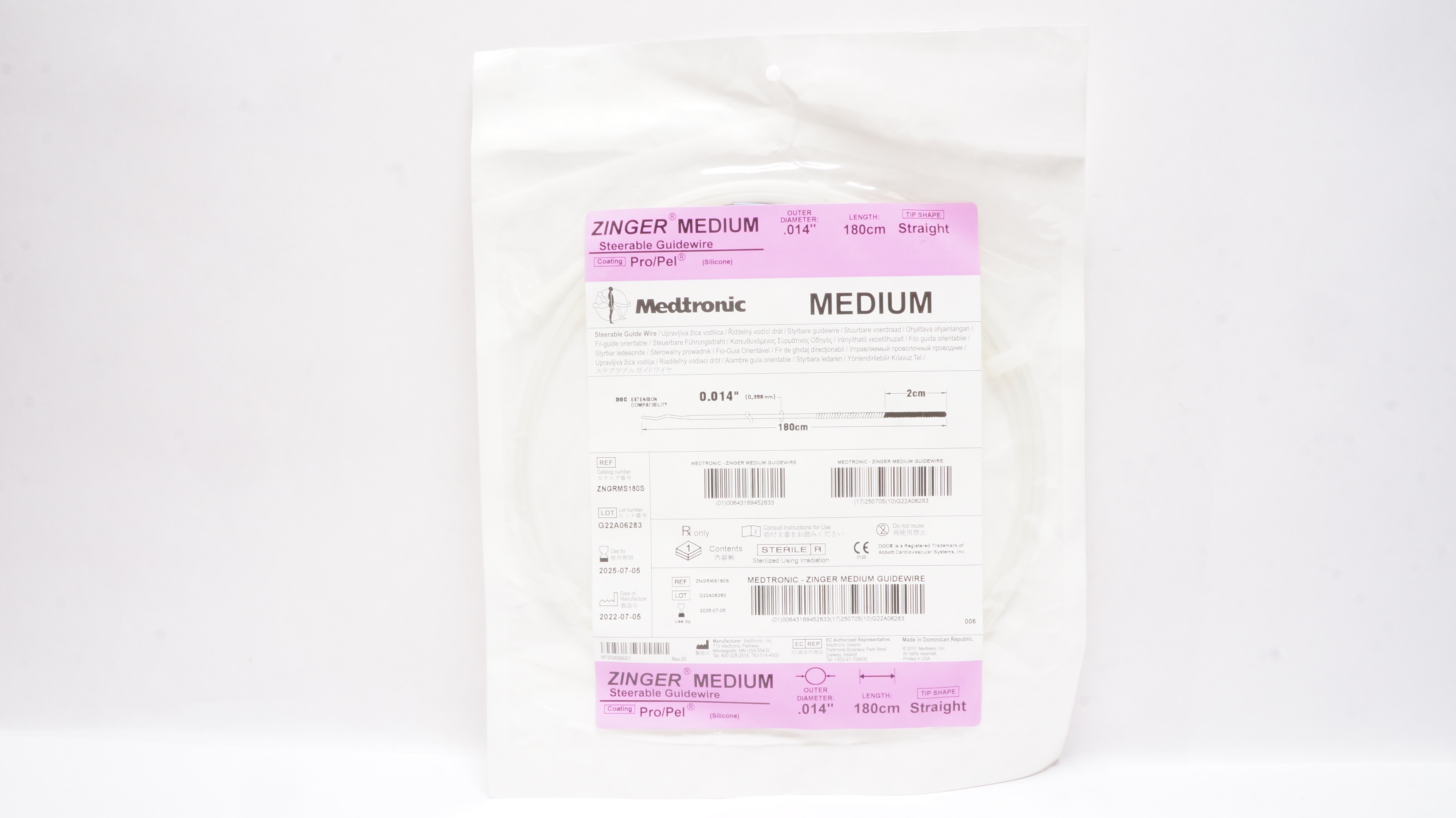 Medtronic ZNGRMS180S Zinger Medium Steerable Guidewire Pro/Pel 0.014in.x 180cm
