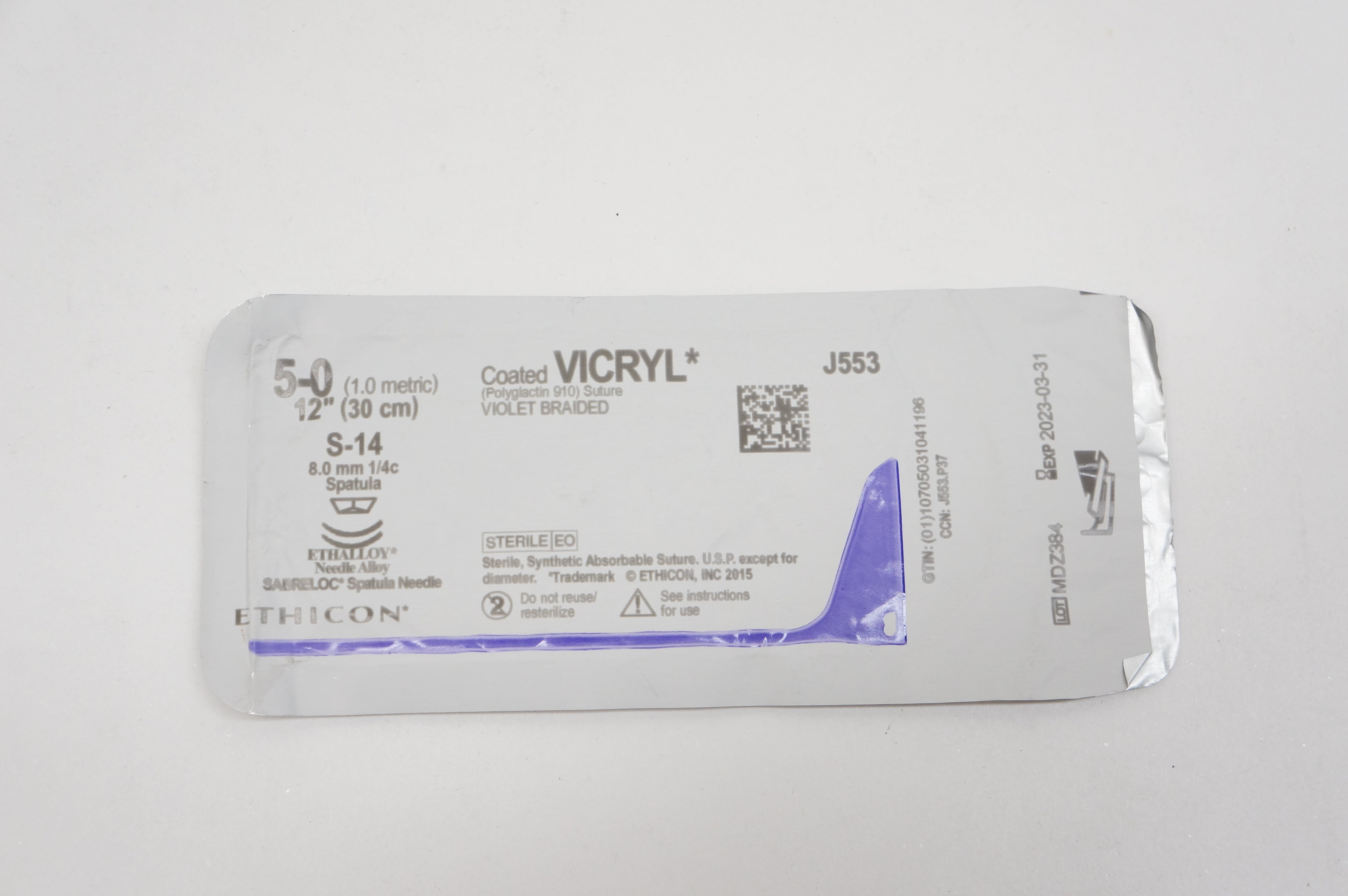 Ethicon J553 5-0 Coated VICRYL Stre S-14, 8.0mm 1/4c Spatula, 12inch