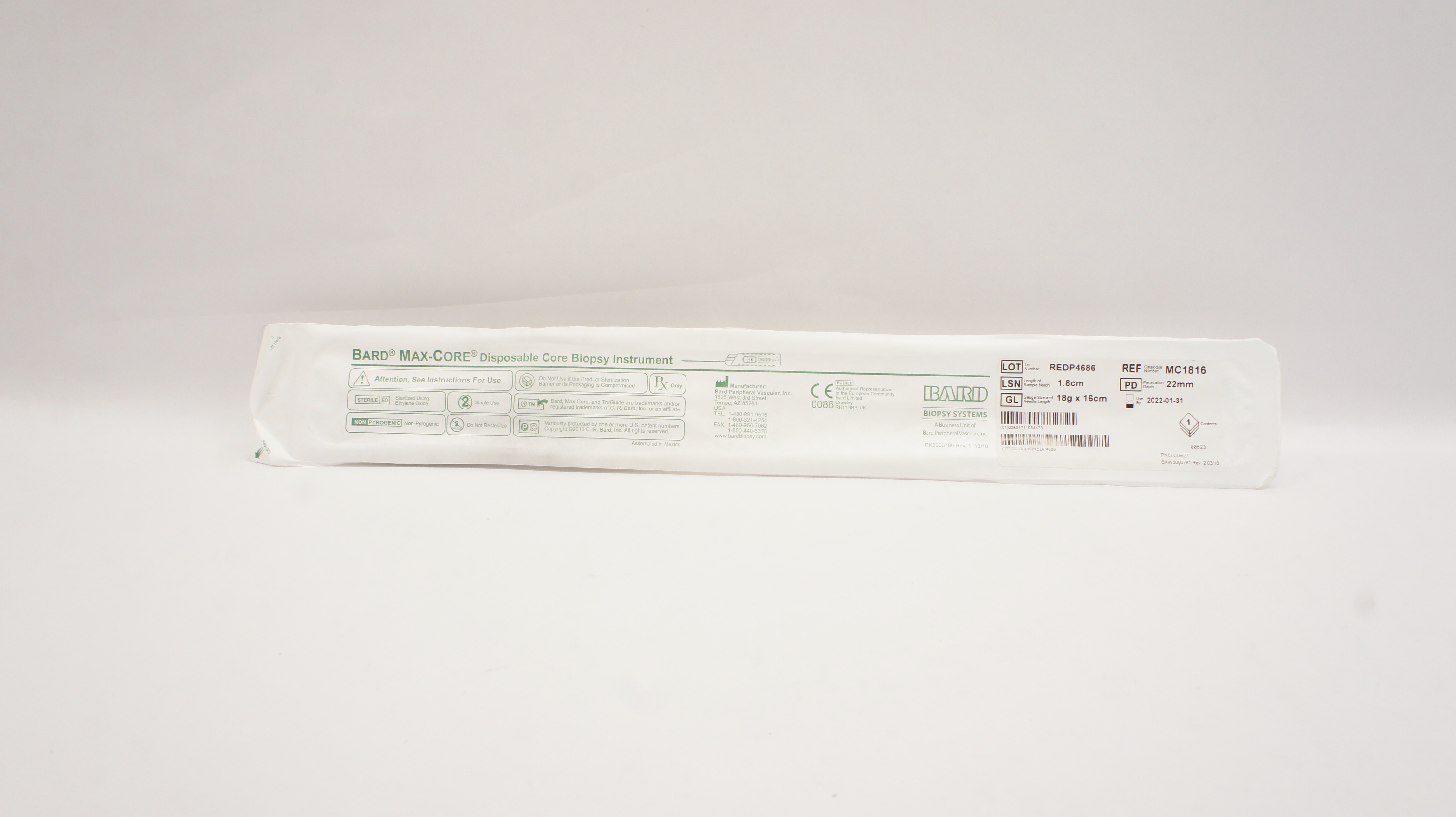 Bard MC1816 Max-Core Disposable Core Biopsy Instrument 18g x 16cm (x)