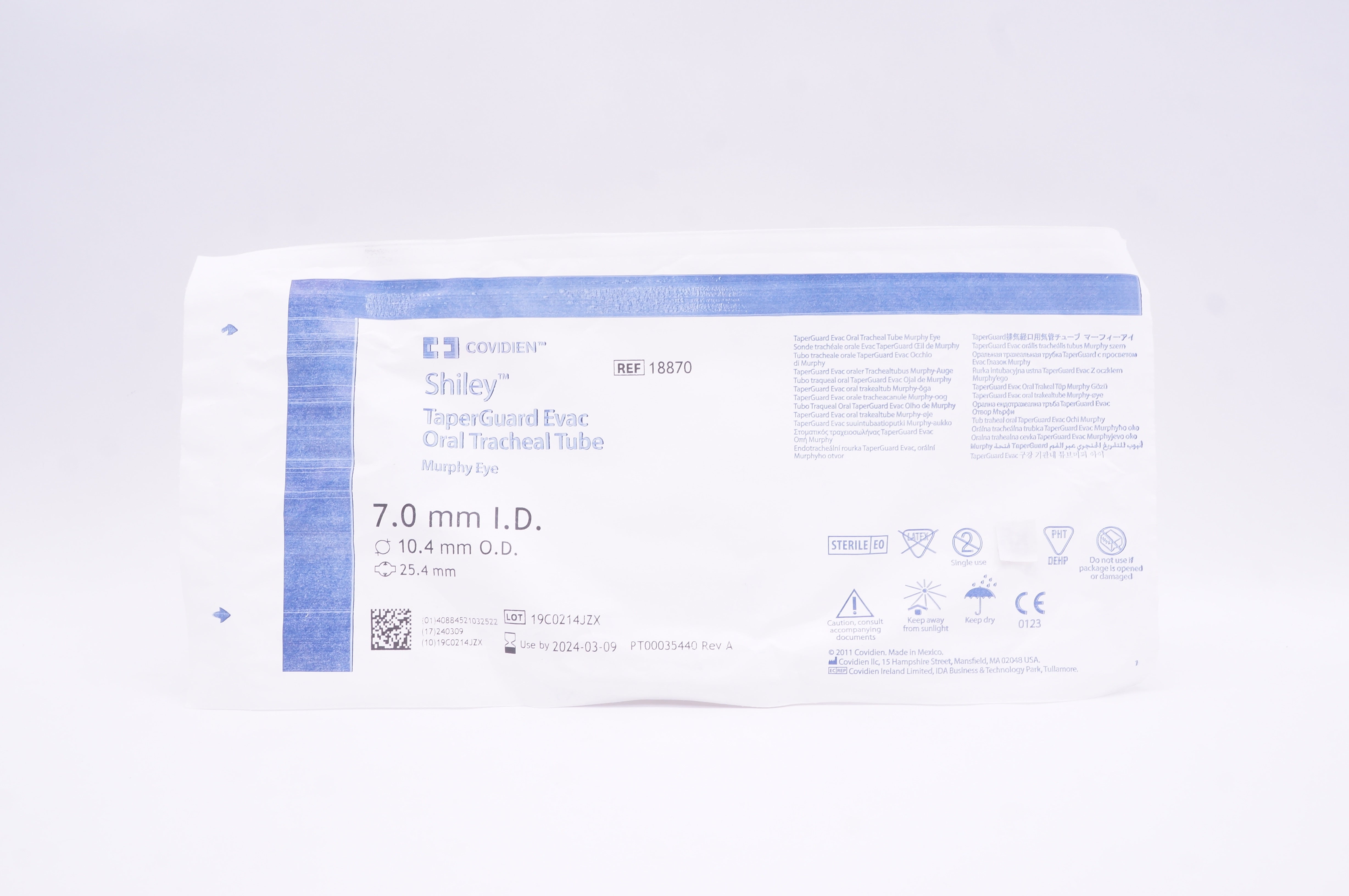Covidien 18870 Shiley TaperGuard Evac Oral Tracheal Tube 7.0mm ID 10.4mm OD