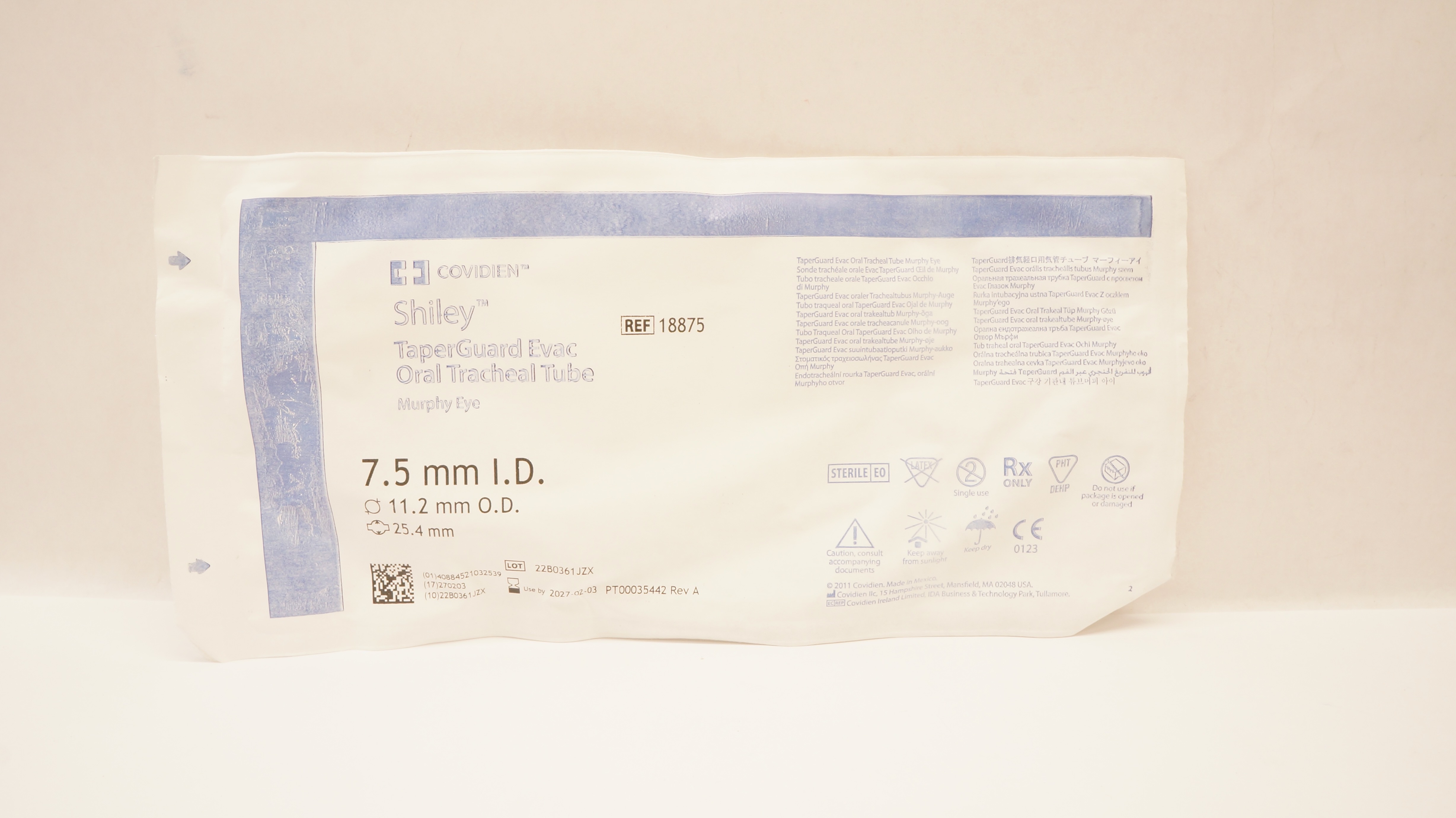 Covidien 18875 Shiley TaperGuard Evac Oral Tracheal Tube 7.5ID x 11.2OD x 25.4mm