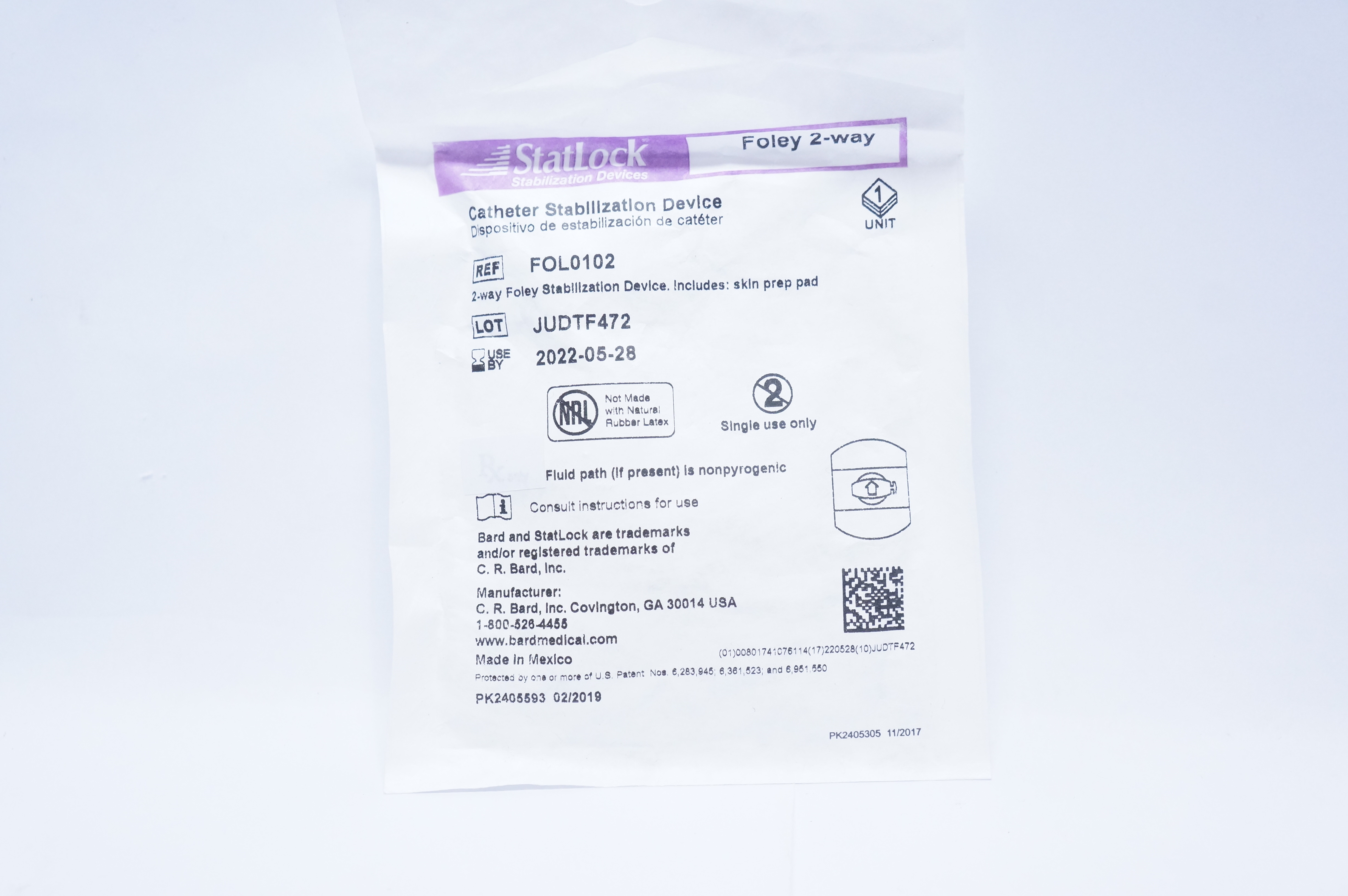 Bard FOL0102 StatLock Cath. Stabilization Device Foley 2-Way