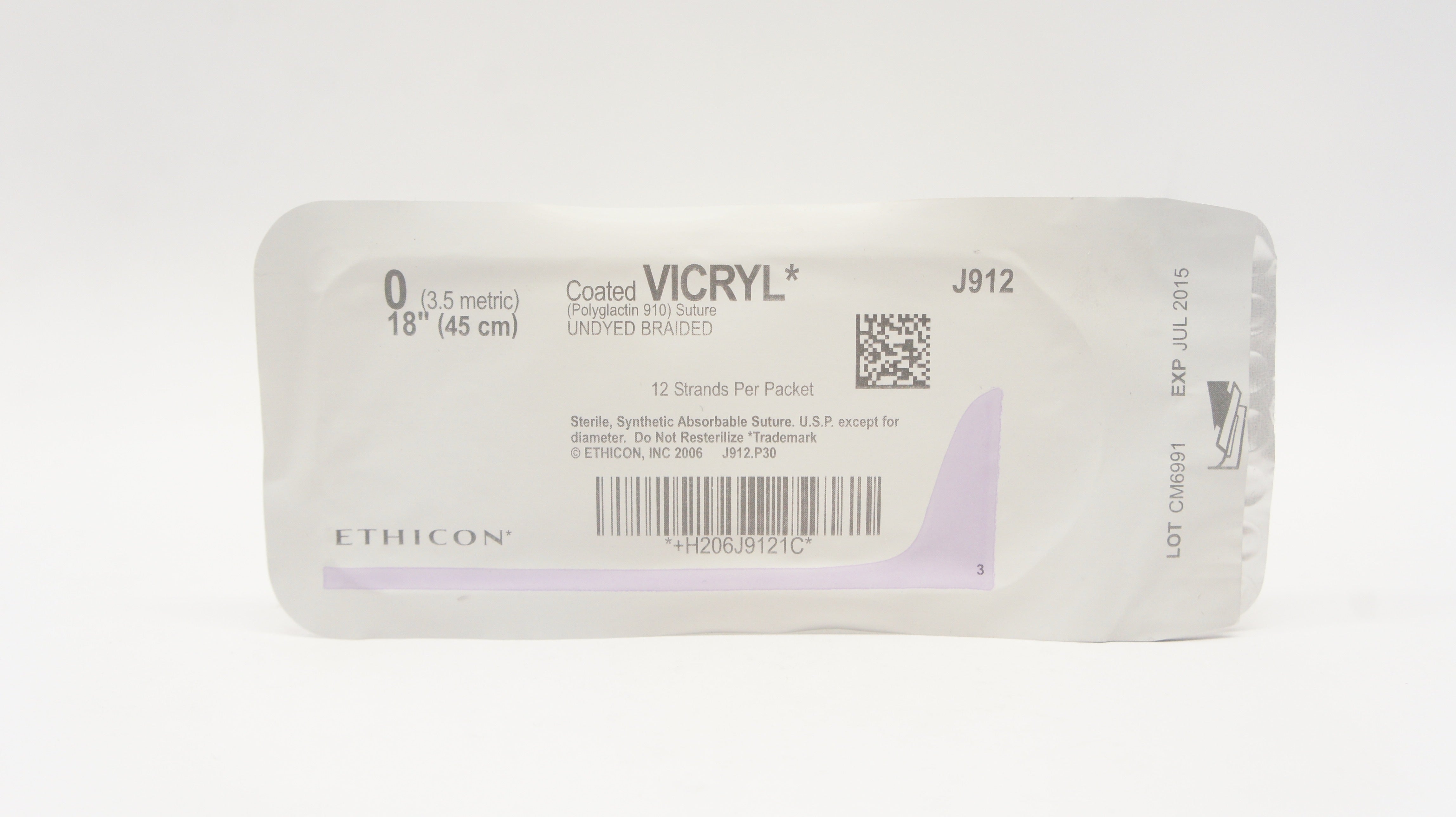 Ethicon J912 0 Coated VICRYL Polyglactin 910 Stre Undyed Braided, 18inch (x)