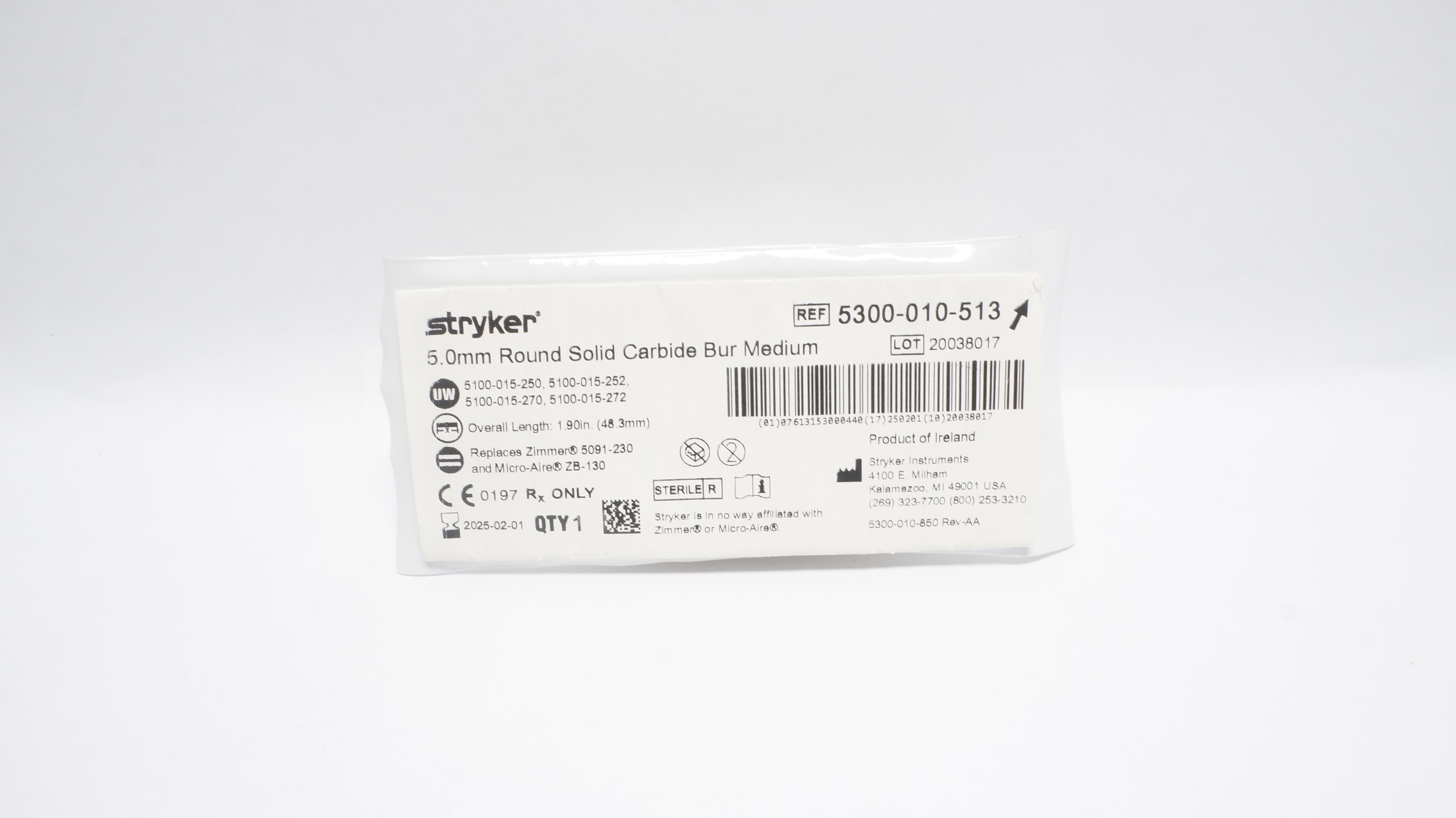 Stryker 5300-010-513 5.0mm Round Solid Carbide Bur Medium (x)
