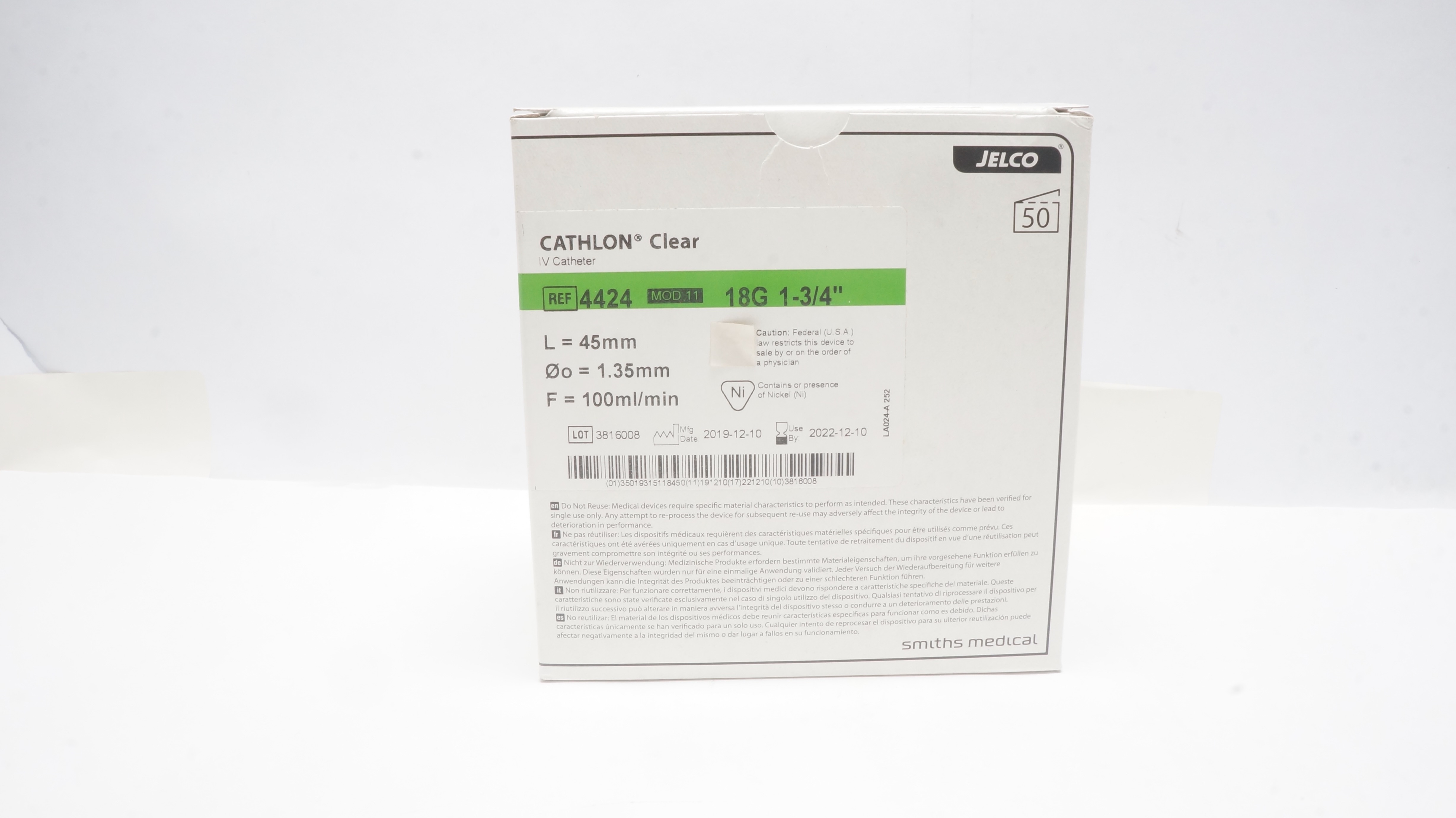 Smiths Medical 4424 Jelco Cathlon Clear I.V. Cath. 18G x 1-3/4inch (x)-Box of 50