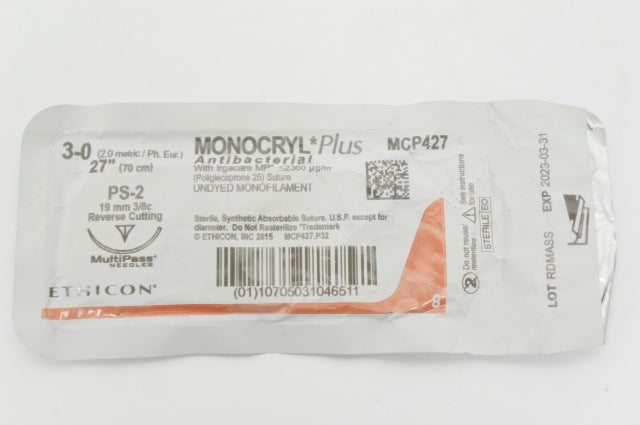 Ethicon MCP427 3-0 Monocryl Plus, PS-2, 19mm 3/8c Reverse Cutting, 27inch