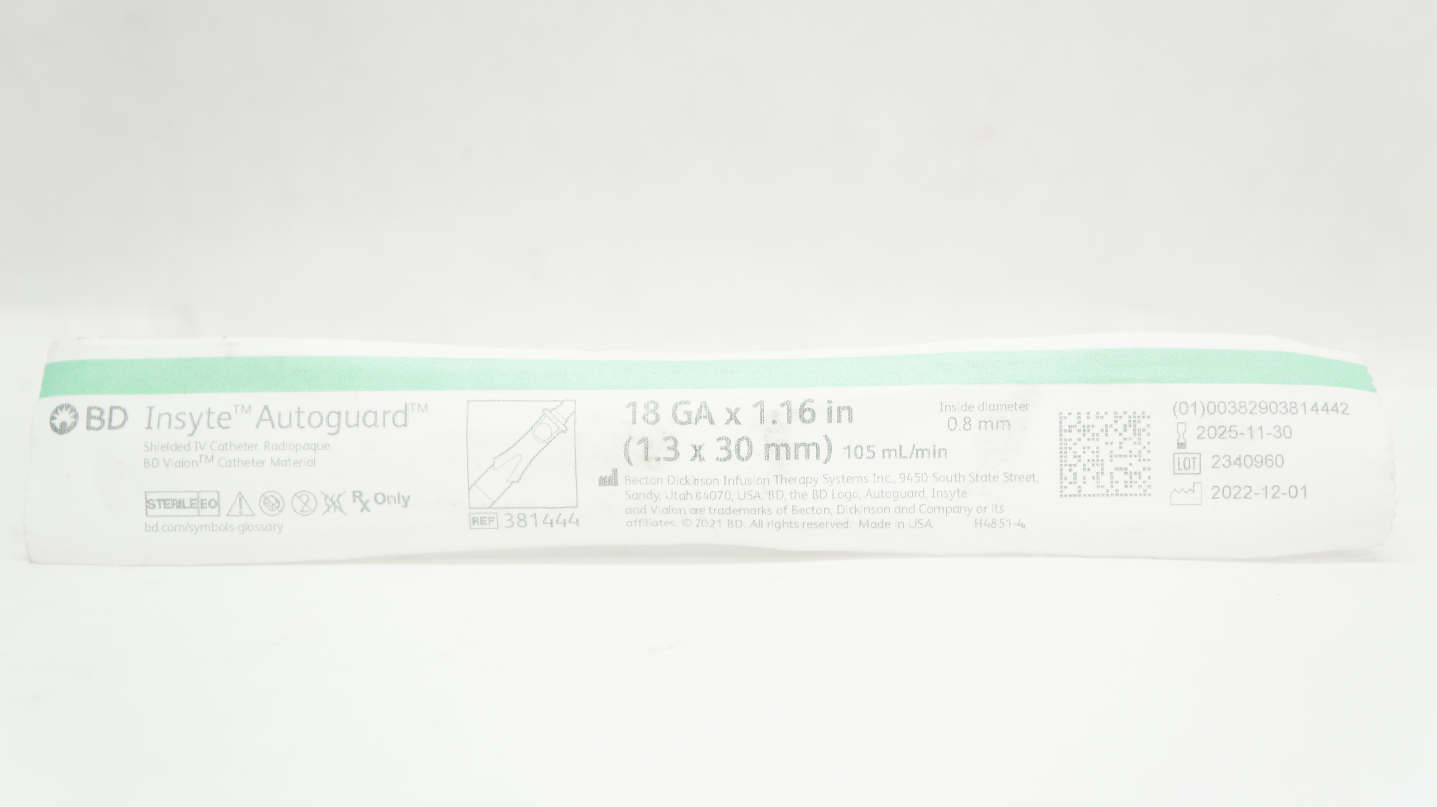 BD 381444 BD Insyte Autoguard Shielded IV Cath. 18Ga x 1.16inch 105ml/min