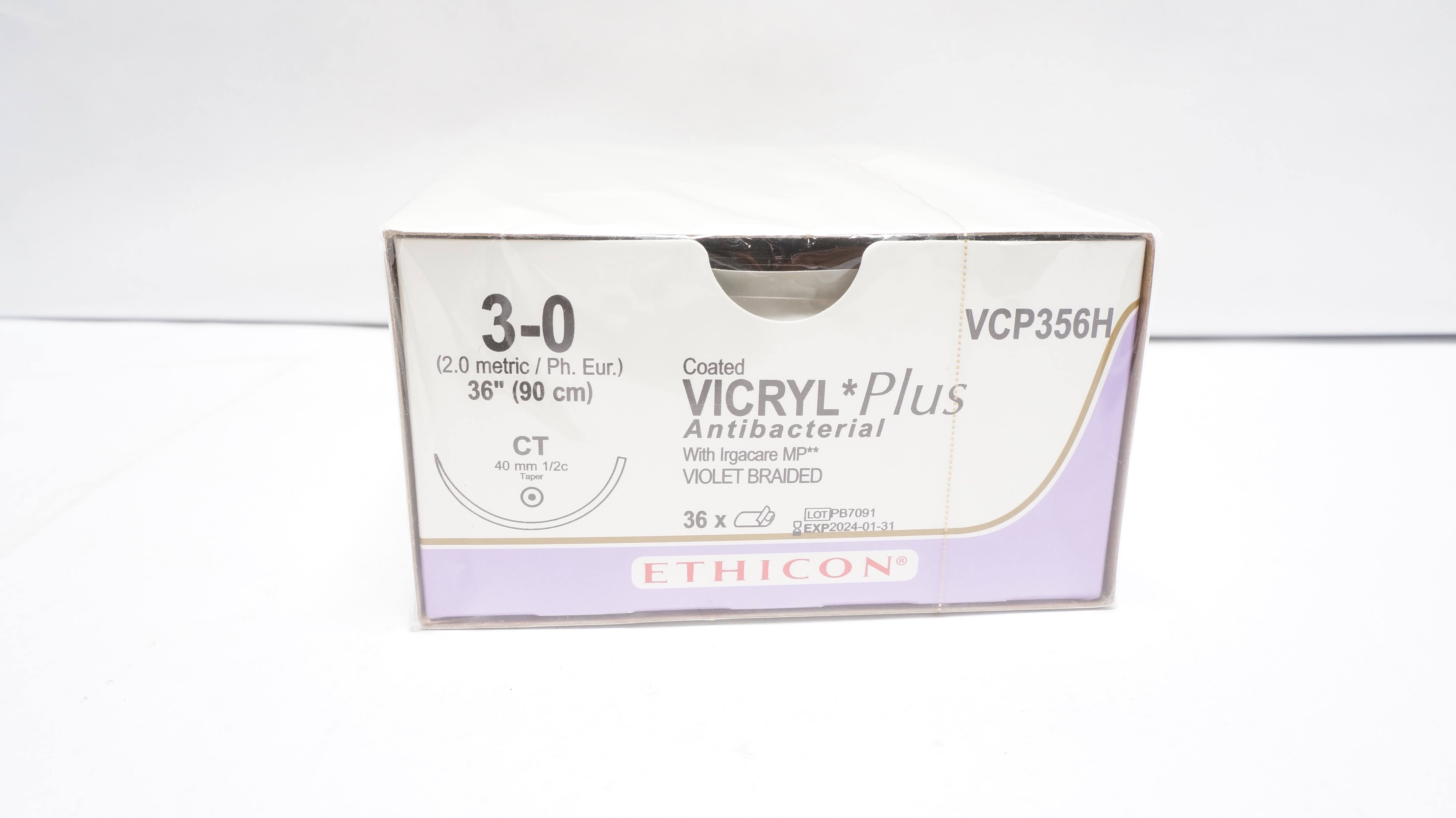 Ethicon VCP356H 3-0 Coated Vicryl+ Stre CT 40mm 1/2c Taper 36In - Box of 36 (x)